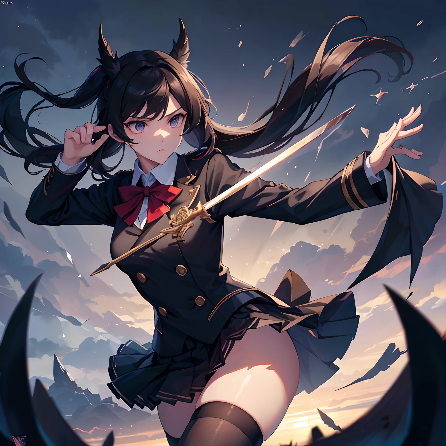 tmasterpiece，best qualtiy，Correct limbs，Girl Fighting with Swords，JK school uniform，emaciated，a black pleated skirt，black lence stockings，thin very long legs，18year old，High school seniors，school ground