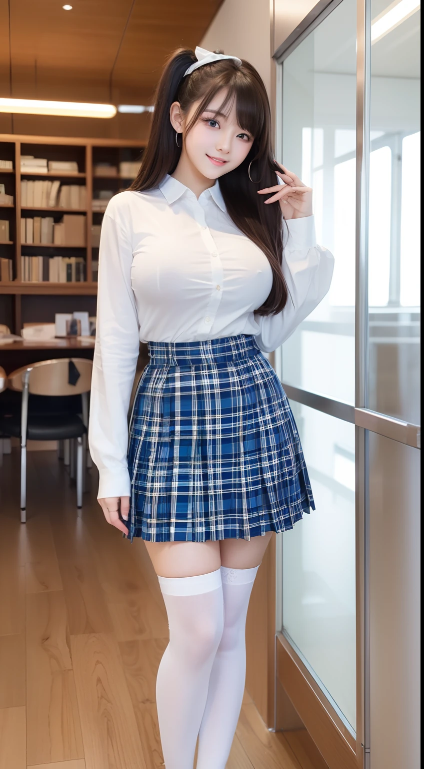 Full body shot, gigantic boobs、The ultimate beautiful girl at 20 years old、plump curvy buxom figure,cute very beautiful face、Long bangs that extend to the eyes, nose and mouth、The most beautiful brunette hair in the world、Super long straight hair、twin tails hairstyle,Glowing big beautiful light blue eyes、White and beautiful shiny skin、lightsmile, she's wearing a school uniform and a tartan plaid skirt , white overknee socks and high heeled stilettos, standing in a library