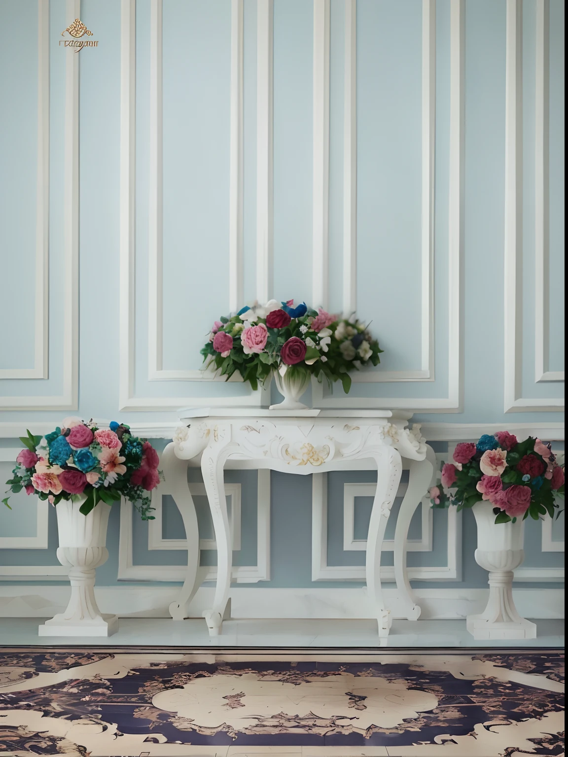 there are three vases with flowers on a table in a room, elegant composition, elegant baroque, baroque style, neoclassical style, elegant flowers, furniture and decor, flowers. baroque elements, decorated with flowers, ornate and elegant, rococo style, in a baroque style, ornate backdrop, in style of baroque, elegant and ornate, flower decorations