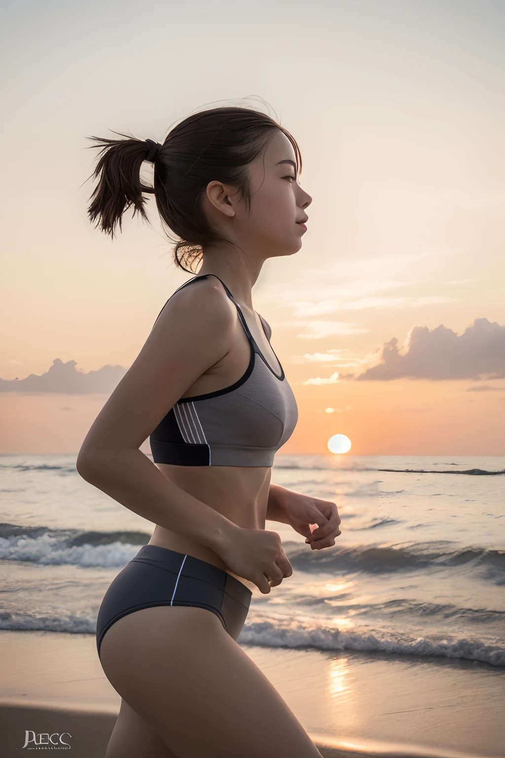 the setting sun, (Best Quality), (Realistic raw photos:1.2), (Beautiful 14 year old Japan girl), (masutepiece),
Front lighting,Running,
shame,
(Gray sports bra and hot pants),
sunset at the beach, From the side,