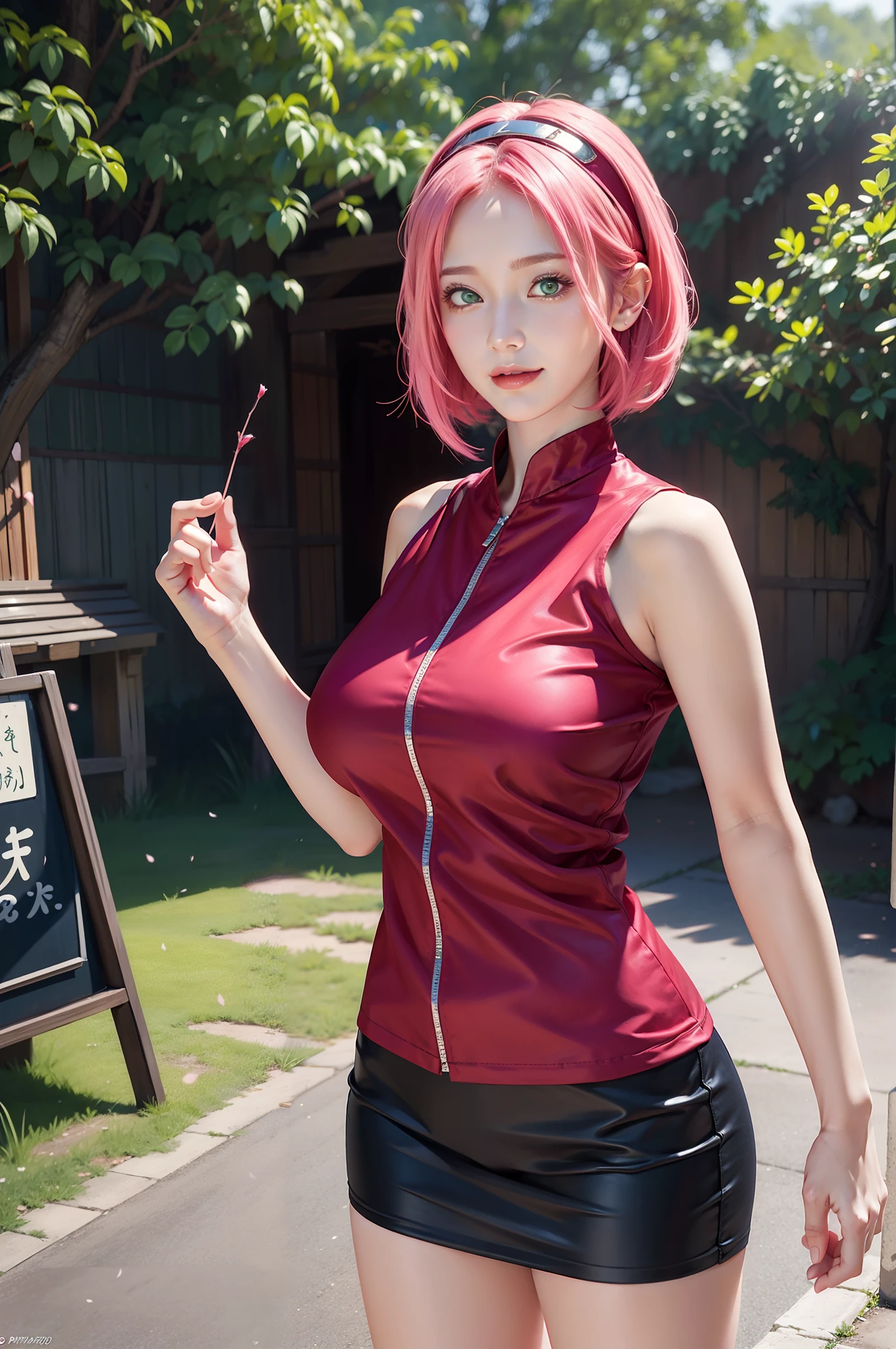 1girl, haruno sakura in anime naruto, short hair, pink hair, green eyes, smile, beautiful, red clothes, very big breast, realistic clothes, detail clothes, outdoor background, ultra detail, realistic