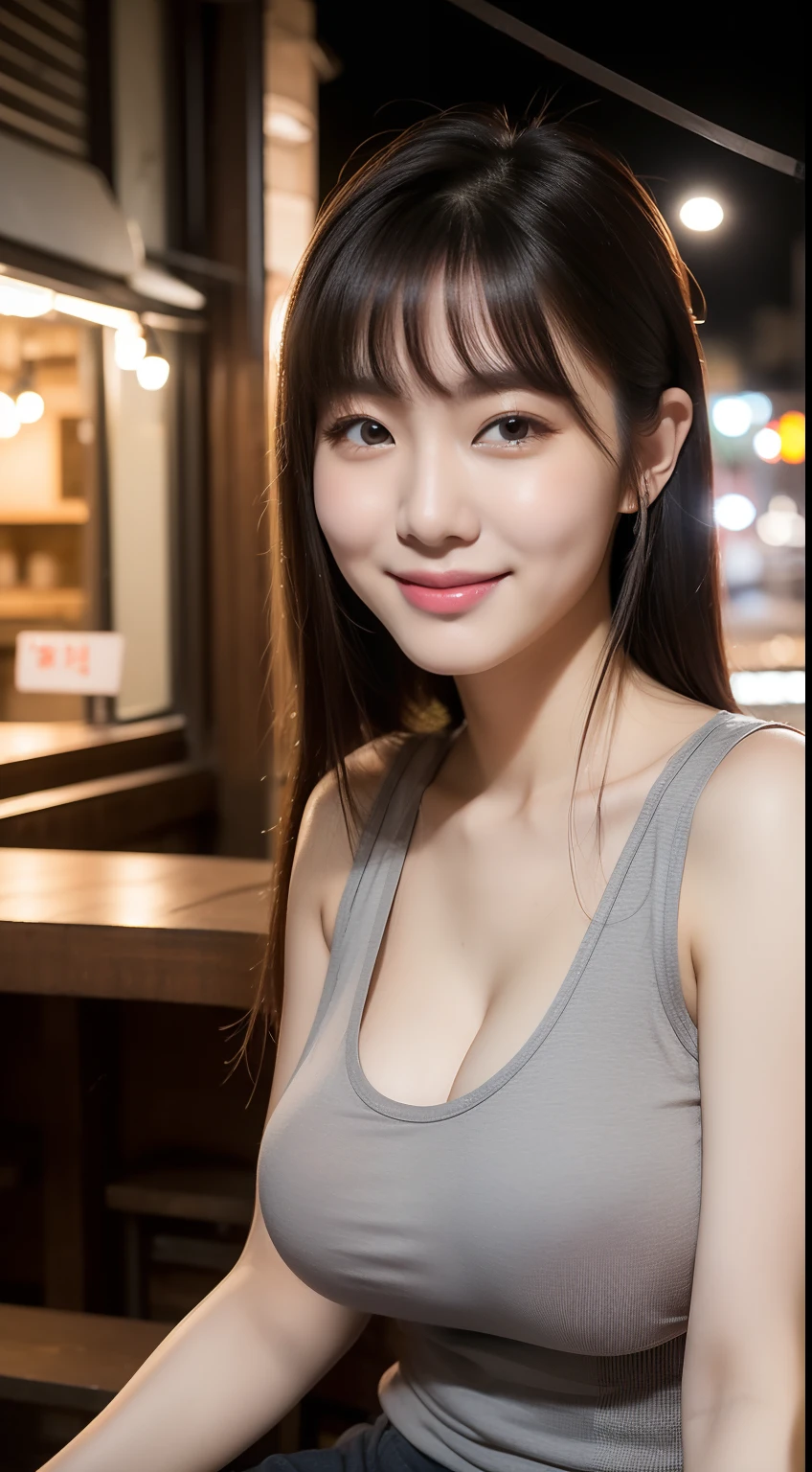 (masterpiece), best quality, ultra high res, close up, slim body, 1girl,, long hair, laughing, ramen, night, Tokyo restaurant background, colorful lights, photon mapping, radiosity, physically-based rendering, cinematic lighting, intricate, High Detail, Sharp focus, dramatic, photorealistic