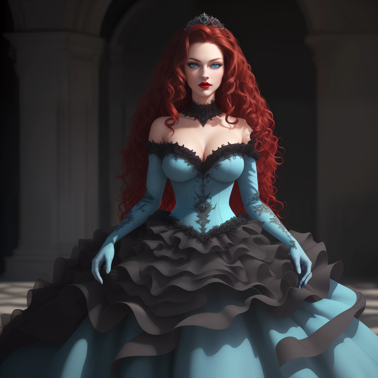 Complete artwork masterpiece, full-body image, high quality, ultra detailed in 4k, 8k, hyper-detailed, realistic skin texture, amazing shadows, highly detailed background, extremely detailed texture. Royal lady, ((black ballgown)), ((medium Red wavy hair)), (perfect body), ((light blue eyes)), ((perfect detailed face)), ((perfect detail full red lips)), ((medium breast)) at the woods in day time