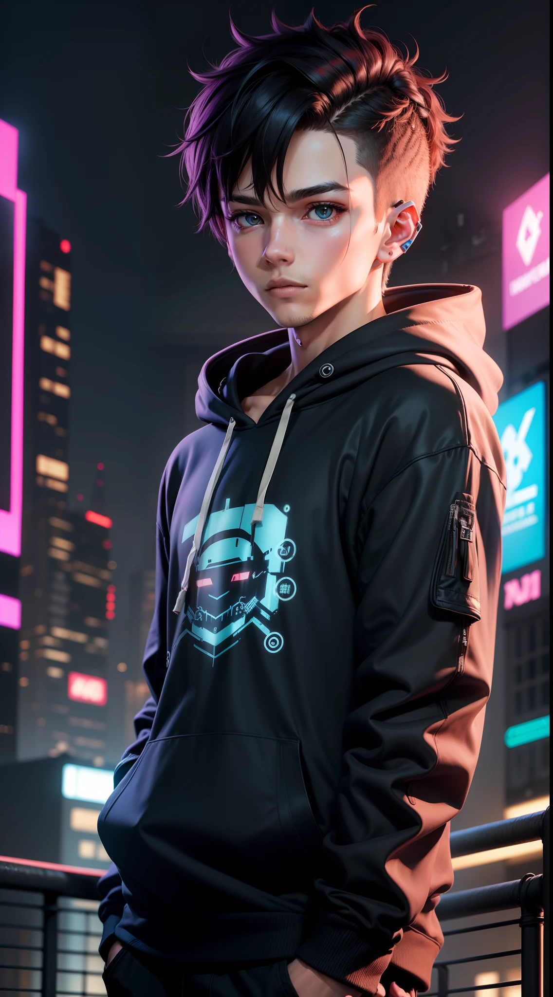 A Cute Boy, Cyberpunk Style,Wearing a hoodie shirt,HD resolution,High quality