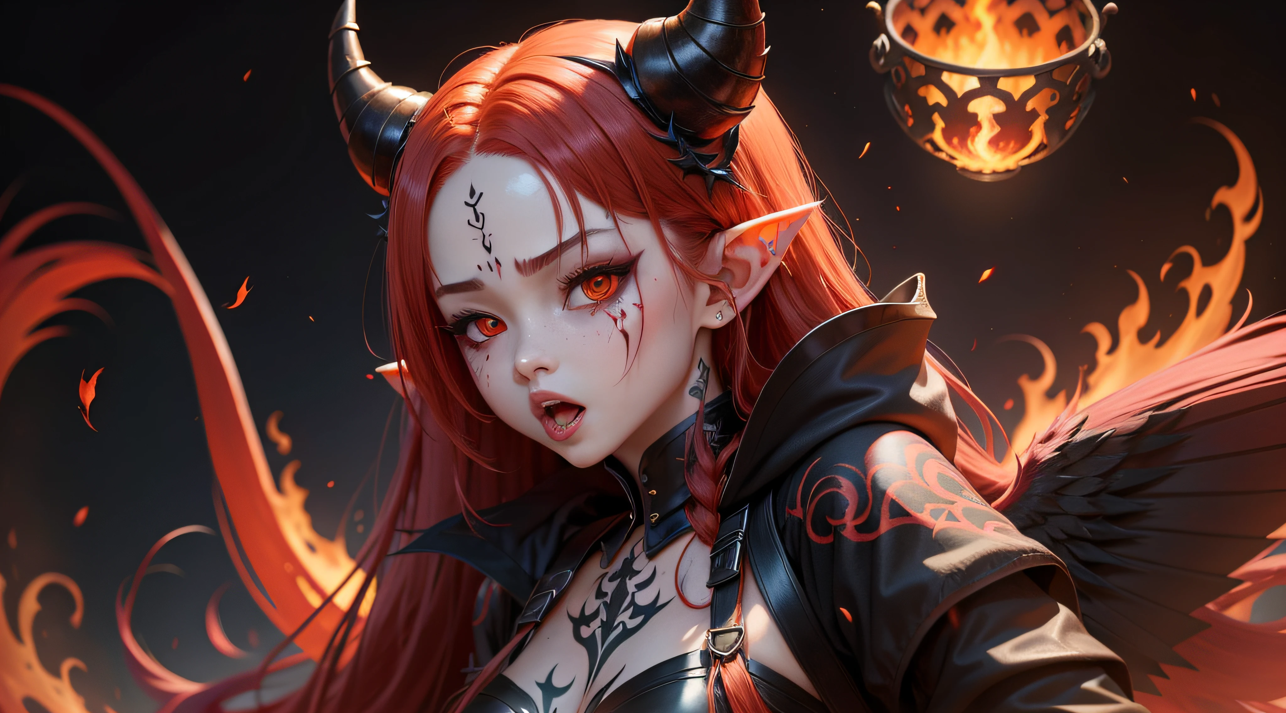 Demon girl with red hair and double tails, Large black wings and small horns.、elven ears、Open your teeth、Tsundere girl with open mouth、Tattoo of flame on the body、Corners of the face、There are red marks on the cheeks、Halo、Ryujin