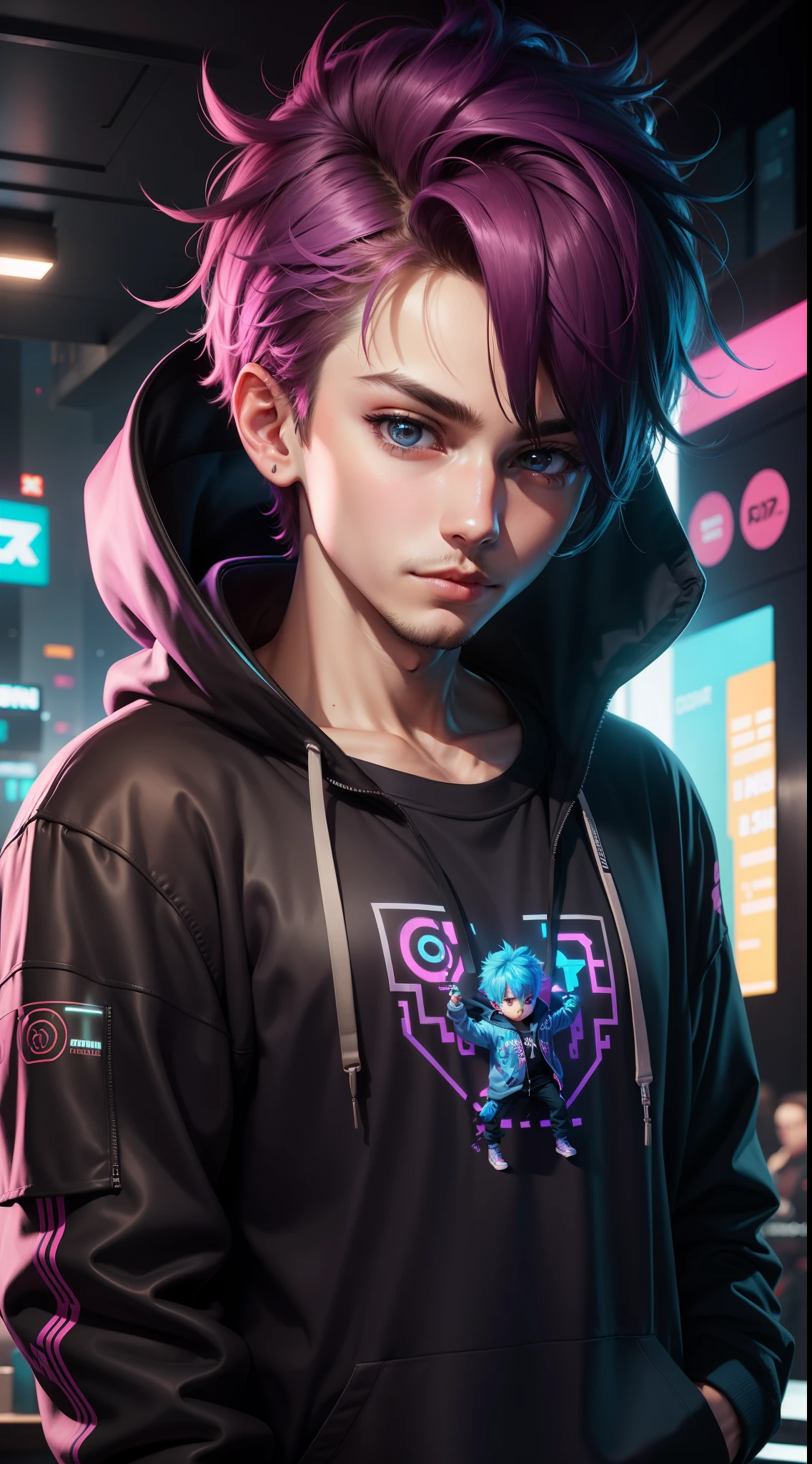 A Cute Boy, Cyberpunk Style,Wearing a hoodie shirt,HD resolution,High quality