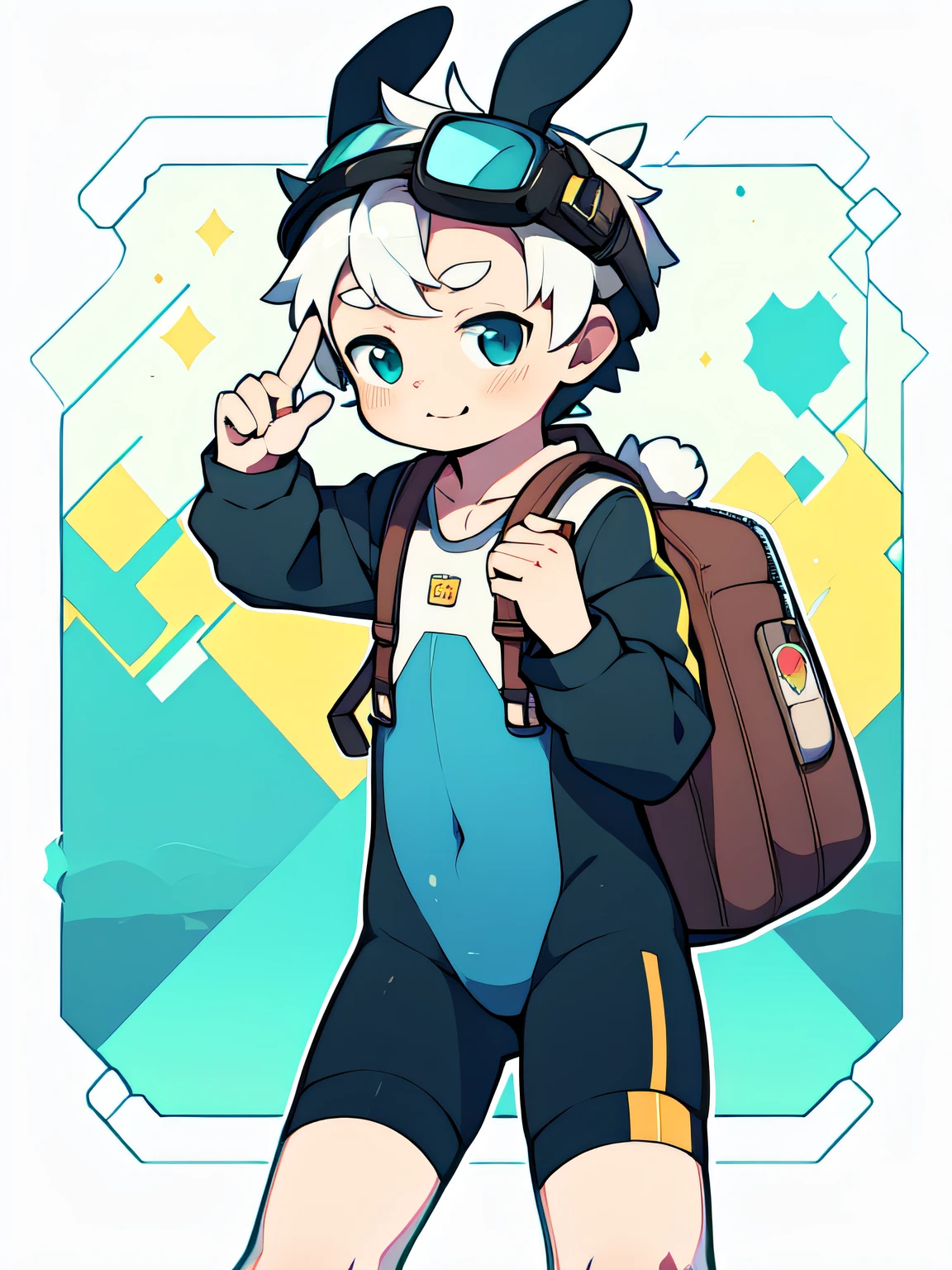 Two-dimensional cartoon boy Shota wears a one-piece suit,fully body photo,Protective goggles,Cute gestures,Strap,backpacks,Rabbit ears,yellow and white,pantiess