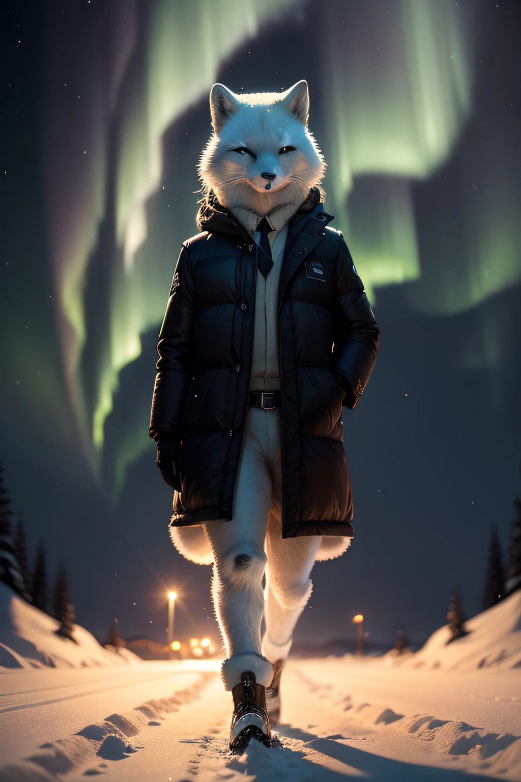 tmasterpiece, best qualityer, cinematic Film still from, An arctic fox walks at a distance, Sparkling snow night under the aurora。