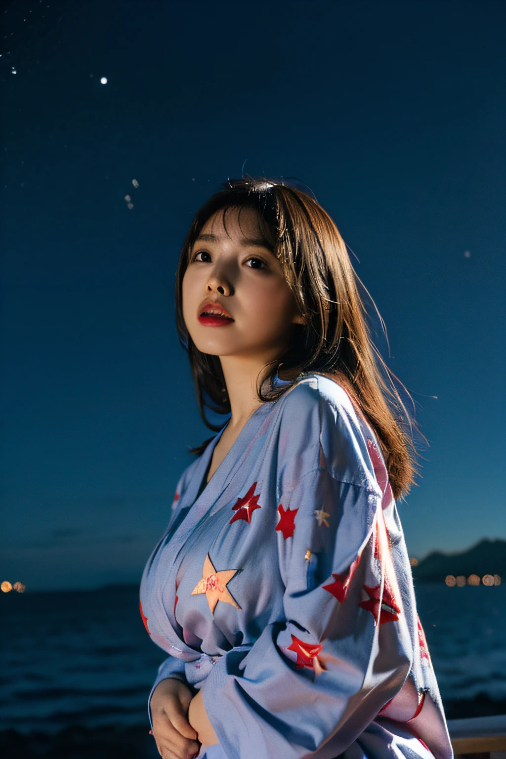 1girl in, Large breasts, Wearing yukata, (Best Quality, 8K, 32K, masutepiece, nffsw:1.2), (stars on sky:1.6), soft backlight,