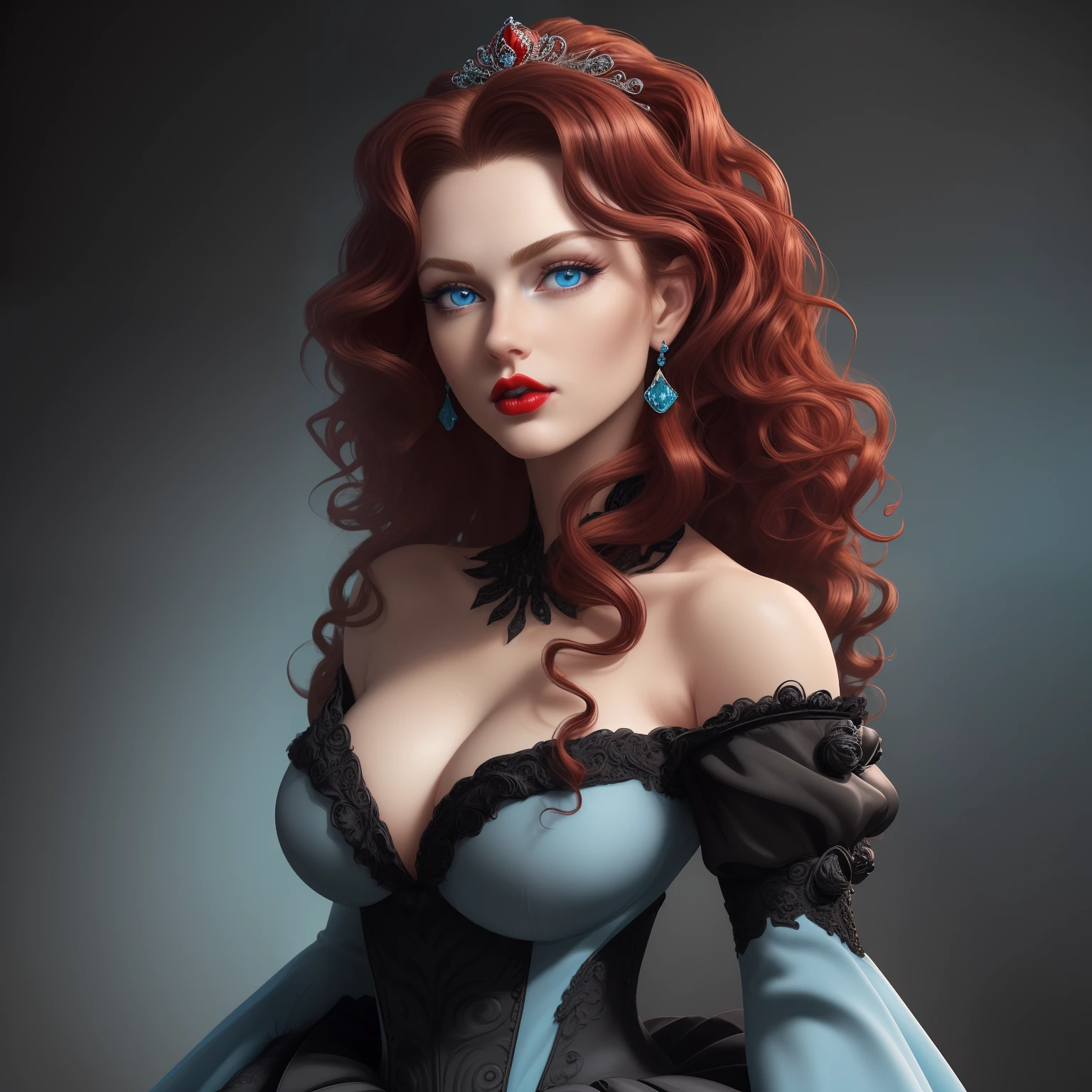 Complete artwork masterpiece, full-body image, high quality, ultra detailed in 4k, 8k, hyper-detailed, realistic skin texture, amazing shadows, highly detailed background, extremely detailed texture. Royal lady, ((black ballgown)), ((medium Red wavy hair)), (perfect body), ((light blue eyes)), ((perfect detailed face)), ((perfect detail full red lips)), ((medium breast)) at the woods in day time