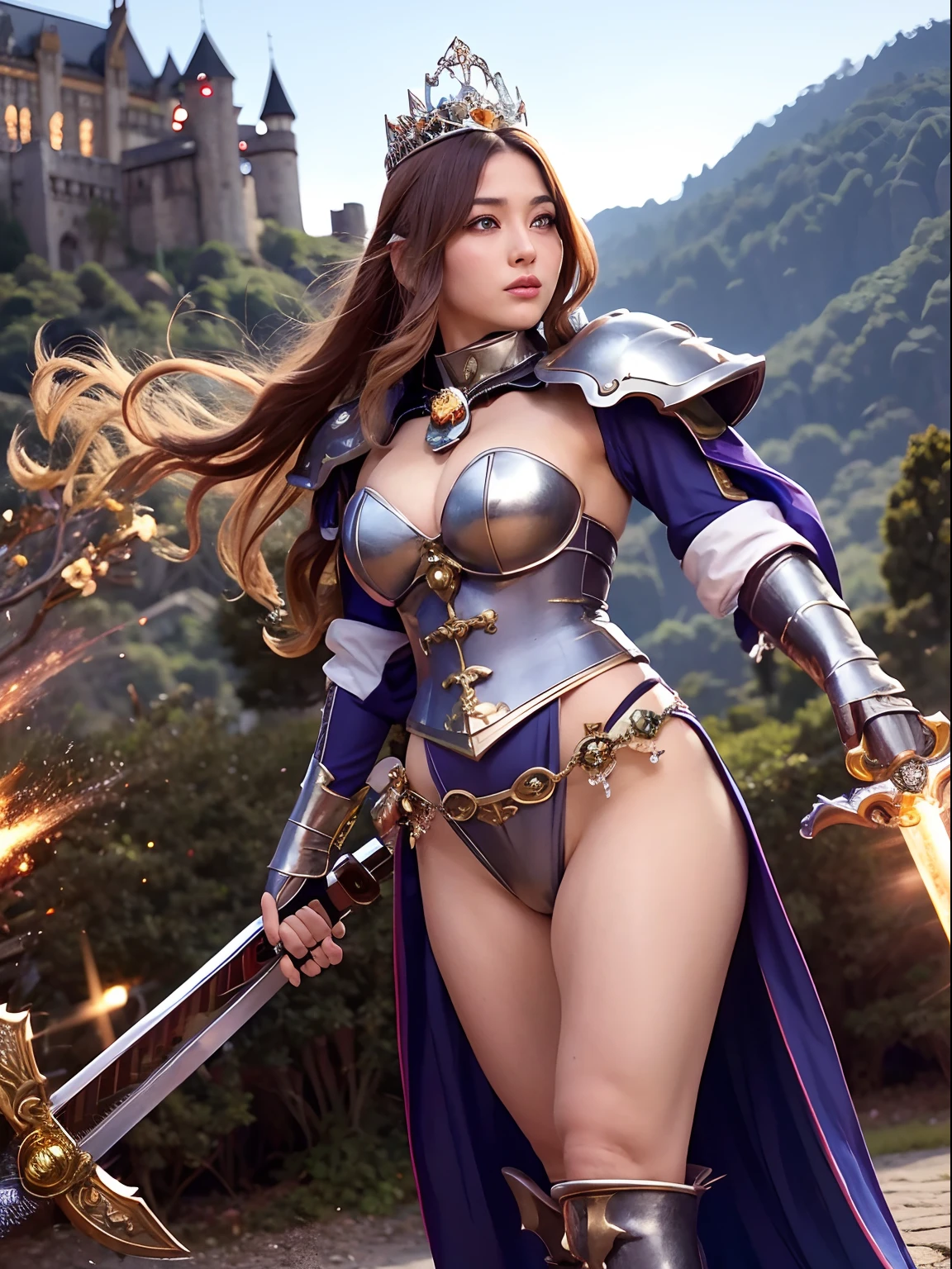 Professional , masterpiece、top-quality、photos realistic , depth of fields (Gemstone Silver Metal Body:1.9),(Matte Silver、Jewel Gold Weapon、(Gorgeous castle background)、Holding the Sword of Heroes、(Jewel White Metal Body:1.4),((Gorgeous Jewel Metal Weapons)) , Fighting、((Holding the Sword of Heroes)) ,(close-up,dream magical,tornado ) ,(Micro Bikini Armor),warhammer 40k , adepta sororitas,Detail and ornate jewel crown、Brown hair、Mystical expression、(Gangle's forest background)、1a person、dynamic ungle,(((Diamond tiara with detail and luxury)))、a small face、A smile、Powerful poses、(Gorgeous castle background)、huge filesize、20 year old beautiful woman、Thin female fingers、Straight long hair、Beautiful Japan person々The beauty of、Mystical expression、Lightly open your mouth、,Luminescent particles,light scattering,Tindall Effect、Fighting、Twin tail hair、