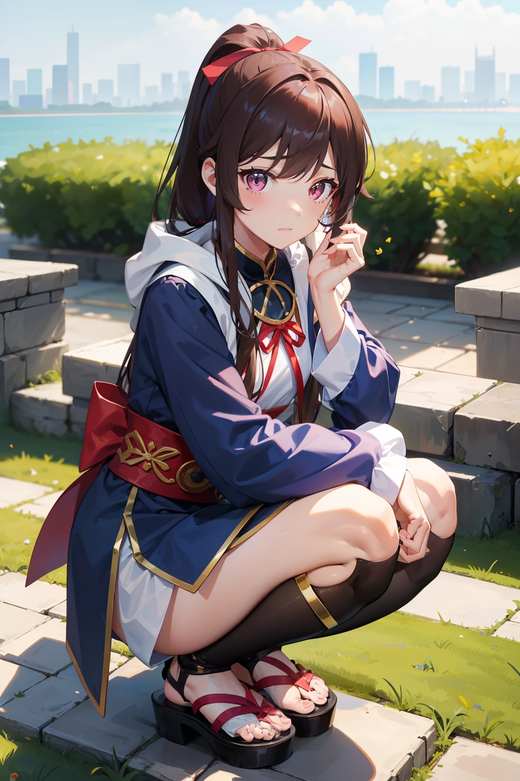 Long brown hair in a ponytail with a very long ribbon、dark pink eyes、Too eyebrows、well-muscled、1boy、Young boy、Handsome face、Cool guy、 Rin々Shishi Face、blue china dress、Five-point sleeves、Sleeveless white haori with hood、Black leggings、bare-legged、gladiator sandals、Sunnyday、Scenery of Shanghai、borgar、crouching down