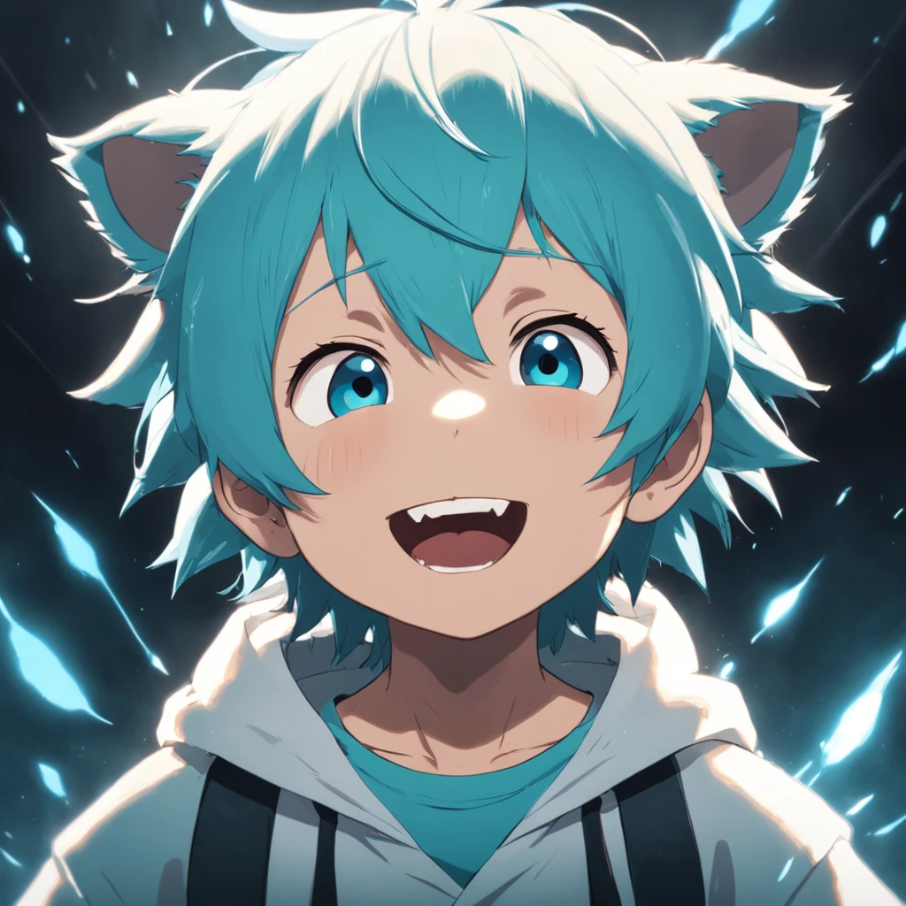 tmasterpiece,best qualtiy,cinematic Film still from,Cute bear orcs,Boy,Hair color:Light cyan and white,Pupil color:cyan colors,shaggy,adolable,rays of sunshine,ssmile,Black and white clothes,furry,chubby,boy