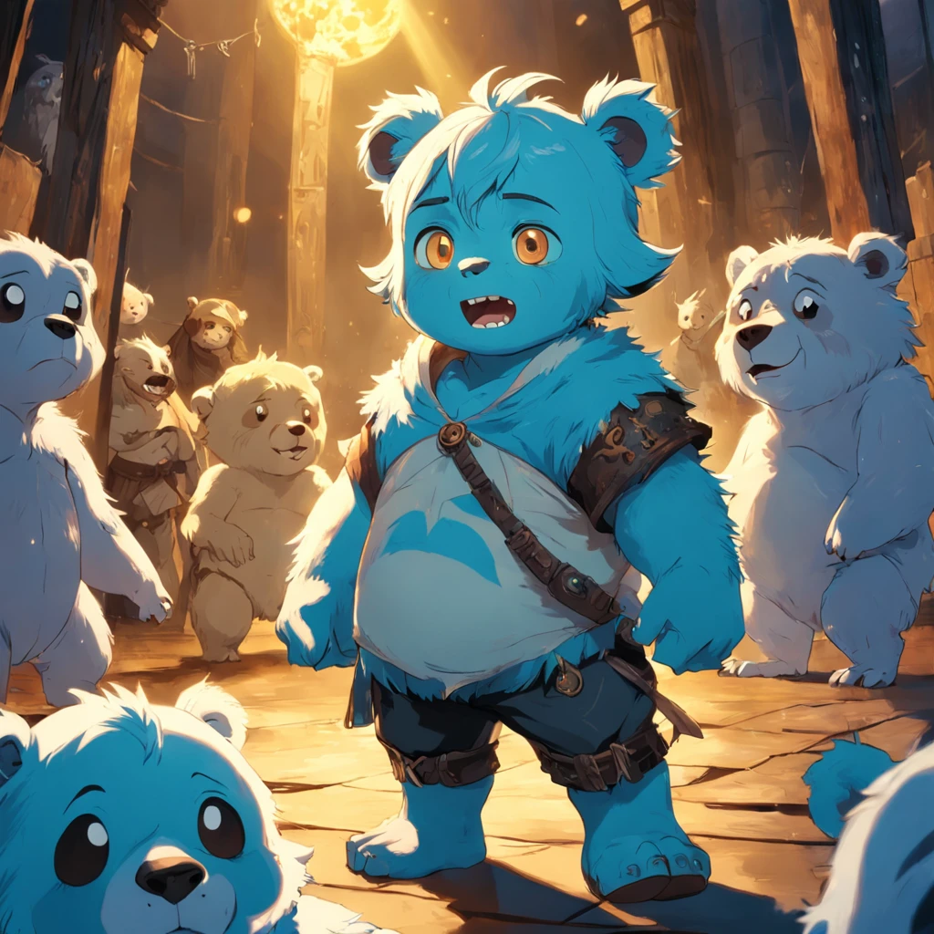 tmasterpiece,best qualtiy,cinematic Film still from,Cute bear orcs,Boy,Hair color:Light cyan and white,Pupil color:cyan colors,shaggy,adolable,rays of sunshine,ssmile,Black and white clothes,furry,chubby,boy
