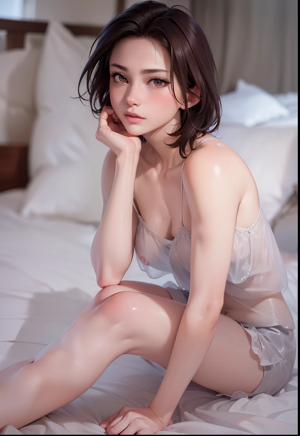 (dynamic lighting), (highly detailed cg), (highly detailed skin), (very high resolution), (toned body), (photorealistic), (high-res), (8k), (shiny oily skin), collarbone, hipbone, hmanis, short hair, ahoge, exposed breasts, short shorts, blushing, looking to the side, embarrassed, (see through camisole), (nipples), (kawaii), nsfw