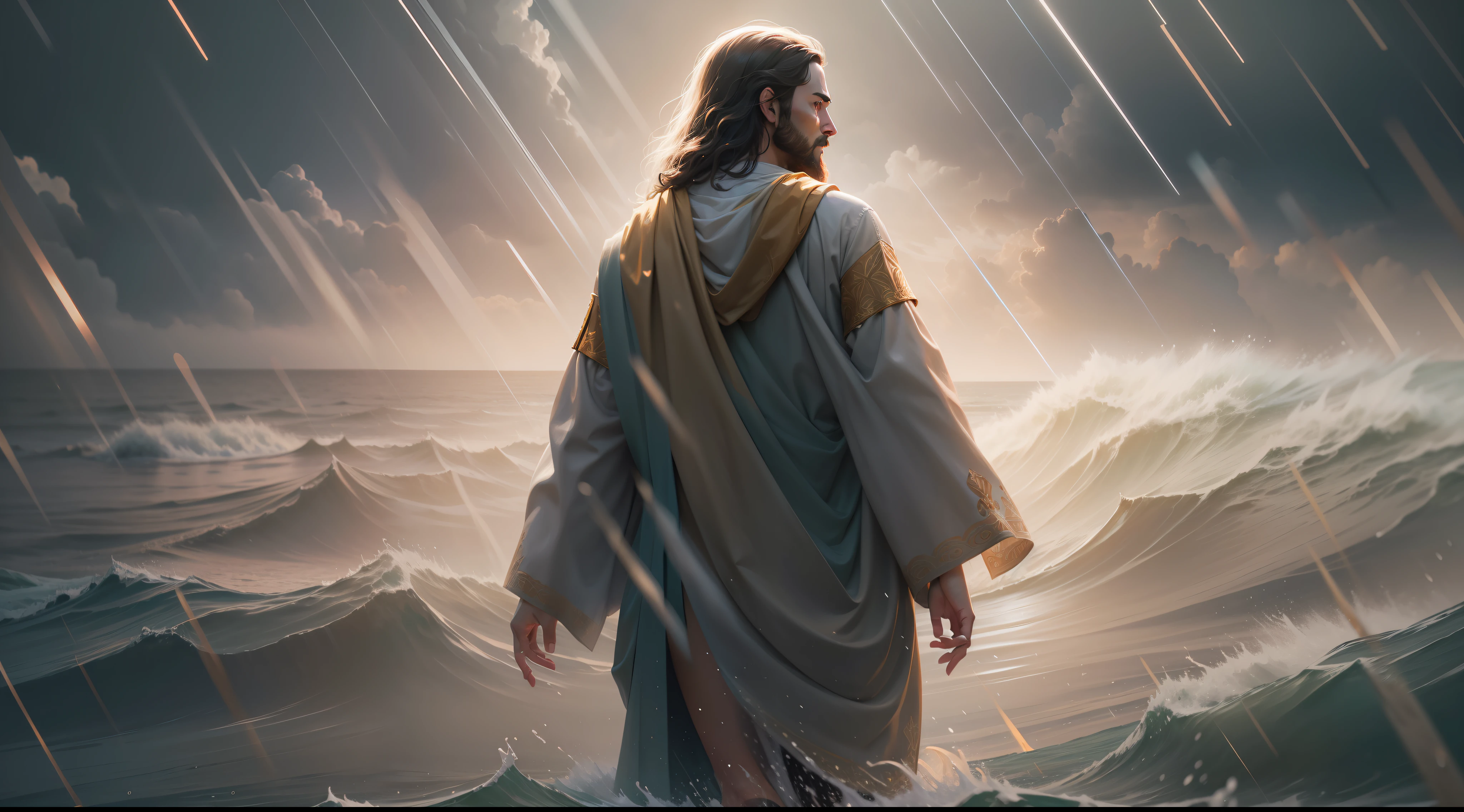 jesus walking on water in a storm, masterpiece, best quality, high quality, extremely detailed CG unit 8k wallpaper, award winning photography, Bokeh, Depth of Field, HDR, bloom, Chromatic aberration, photorealistic, extremely detailed, trending on artstation, trending on CGsociety, intricate, high detail, dramatic, mid-journey art, volumetric lighting