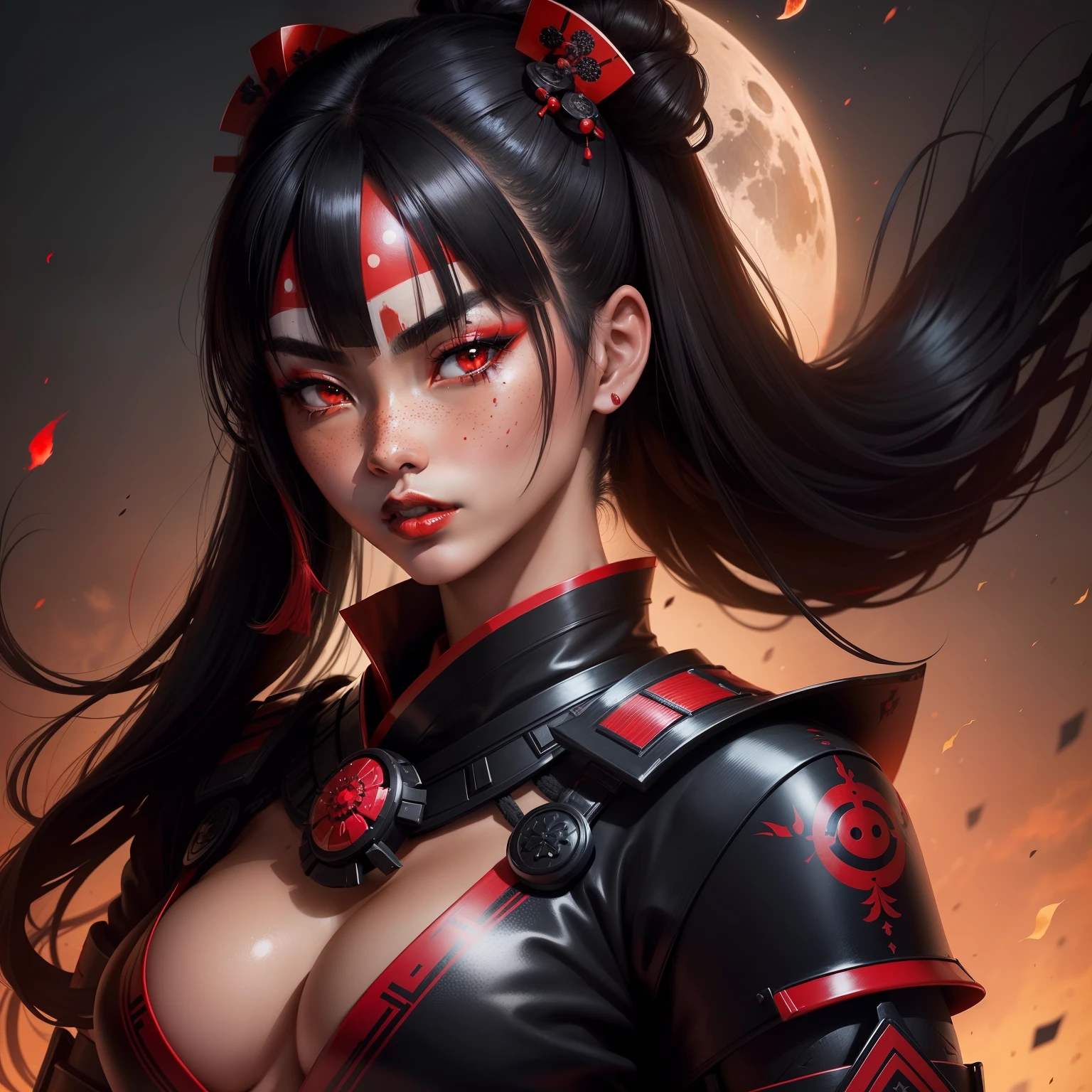 Female samurai warrior, jet black hair, dark skinned tanned, red black, bright moon, freckles on the face, red lipstick, full body, no extra hair, diamond shaped face, cover top, black eyeballs, geisha warrior