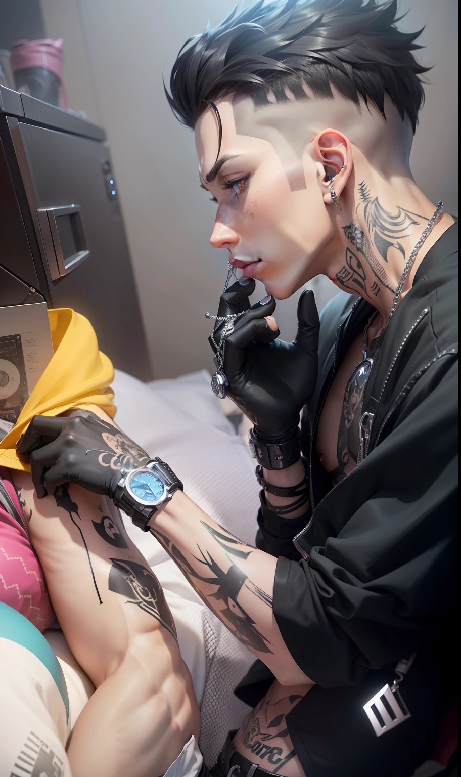 A boy, anime character 3d, high quality, 16k, silver vc watch on left hand, tattoo on left hand, tattoo machine holding on right hand, no beard, wearing black gloves, wear diamond earrings, black hair, no tattoo on face, no tattoo on neck