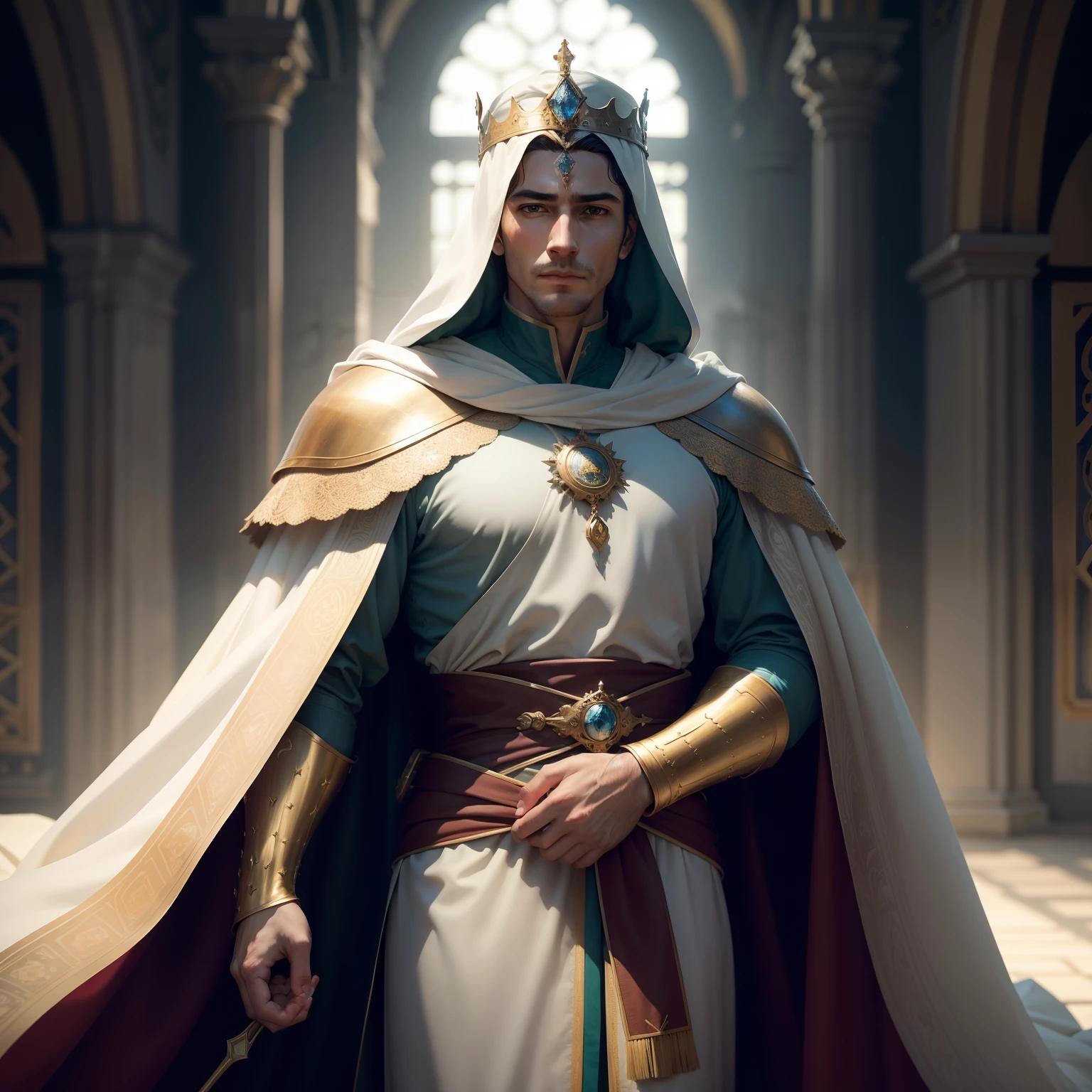 King Baldwin IV is portrayed with an grandeur that fills the space with an air of undeniable majesty. His stature is imposing, with a presence that commands respect and reverence. Seus olhos, deep as wells of wisdom, are flanked by soft wrinkles that testify to years of wise and just governance. A barba bem cuidada, com fios de prata, frames his face with noble features.Sua coroa, crafted by skilled craftsmen, rests on her dark hair as an affirmation of her royalty. Os detalhes intricados da coroa capturam a luz de maneira impressionante, highlighting the precious gems that represent the heritage of his lineage.Vestindo um manto ricamente bordado, Baldwin IV exudes wealth and power. The fluttering fabric is an ode to his position as a leader, with patterns that echo the history and culture of his kingdom. A jewel-studded brooch holds the cloak over his broad shoulders, while the carefully crafted folds add depth to her figure.The serene expression on his face reflects a monarch who faced challenges and adversity with courage and determination. Her lips, curvados levemente em um sorriso gentil, indicam uma natureza benevolente, lembrando a todos que, apesar de sua grandeza, He remains approachable and compassionate to his people. Behind him, The grandeur of the Royal Castle stands as a testament to its enduring dominance.