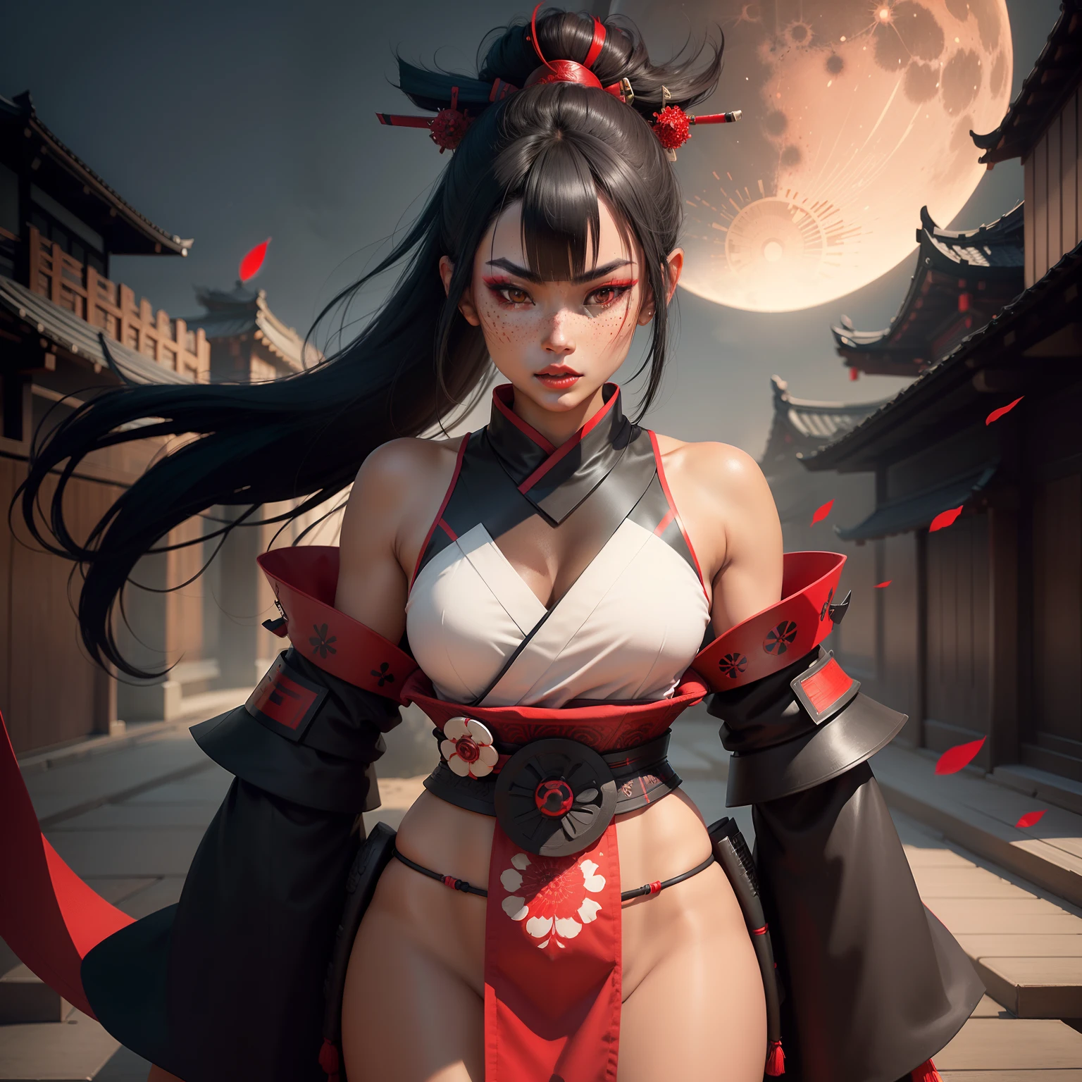 Female samurai warrior, jet black hair, dark skinned tanned, red black, bright moon, freckles on the face, red lipstick, full body, no extra hair, diamond shaped face, cover top, black eyeballs, geisha warrior