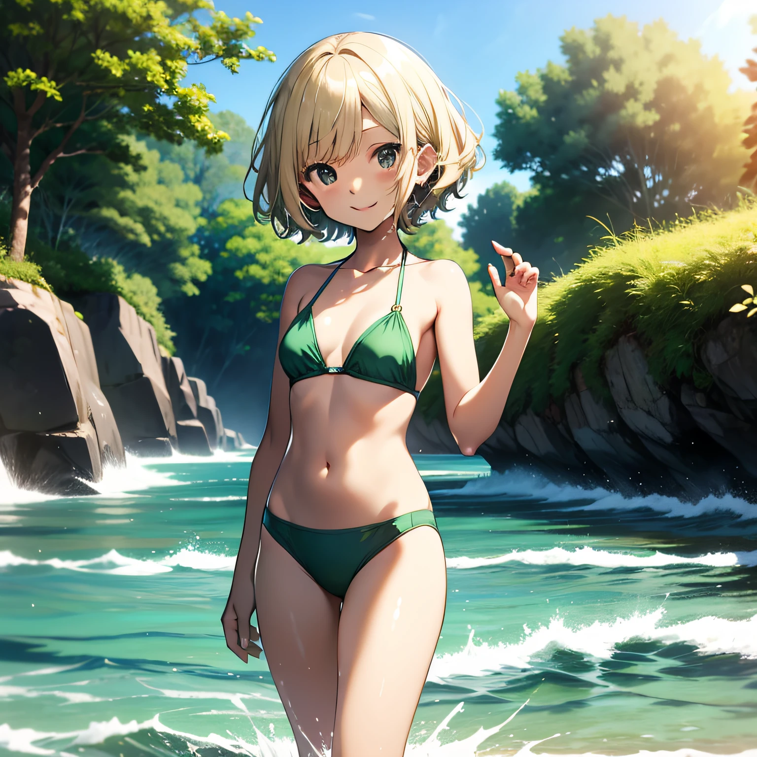 top-quality、extremely delicate and beautiful、Elementary school girls、5th grade elementary school、((Green Bikini))、mesugaki、A smile、a blond、Brown skin、The background is the sea、is standing、short-hair