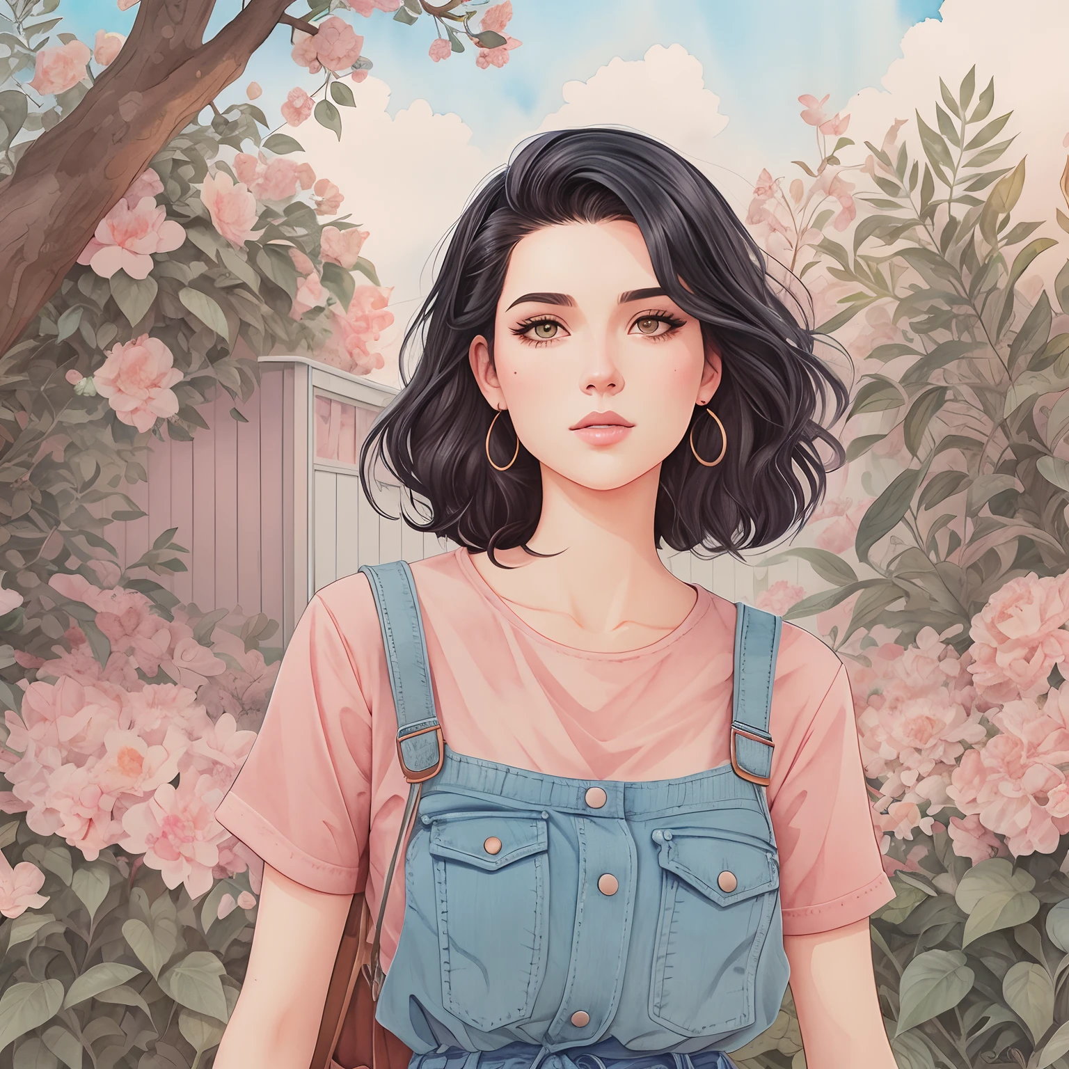 drawing of a 25 year old woman with black hair color drawing, detailed eyes .color sketch, Bowater art style, watercolor art style, color illustration, digital color illustration, Lois van Baarle and Rossdraw, procreate illustration, cartoon art, in color illustration style, Color portrait