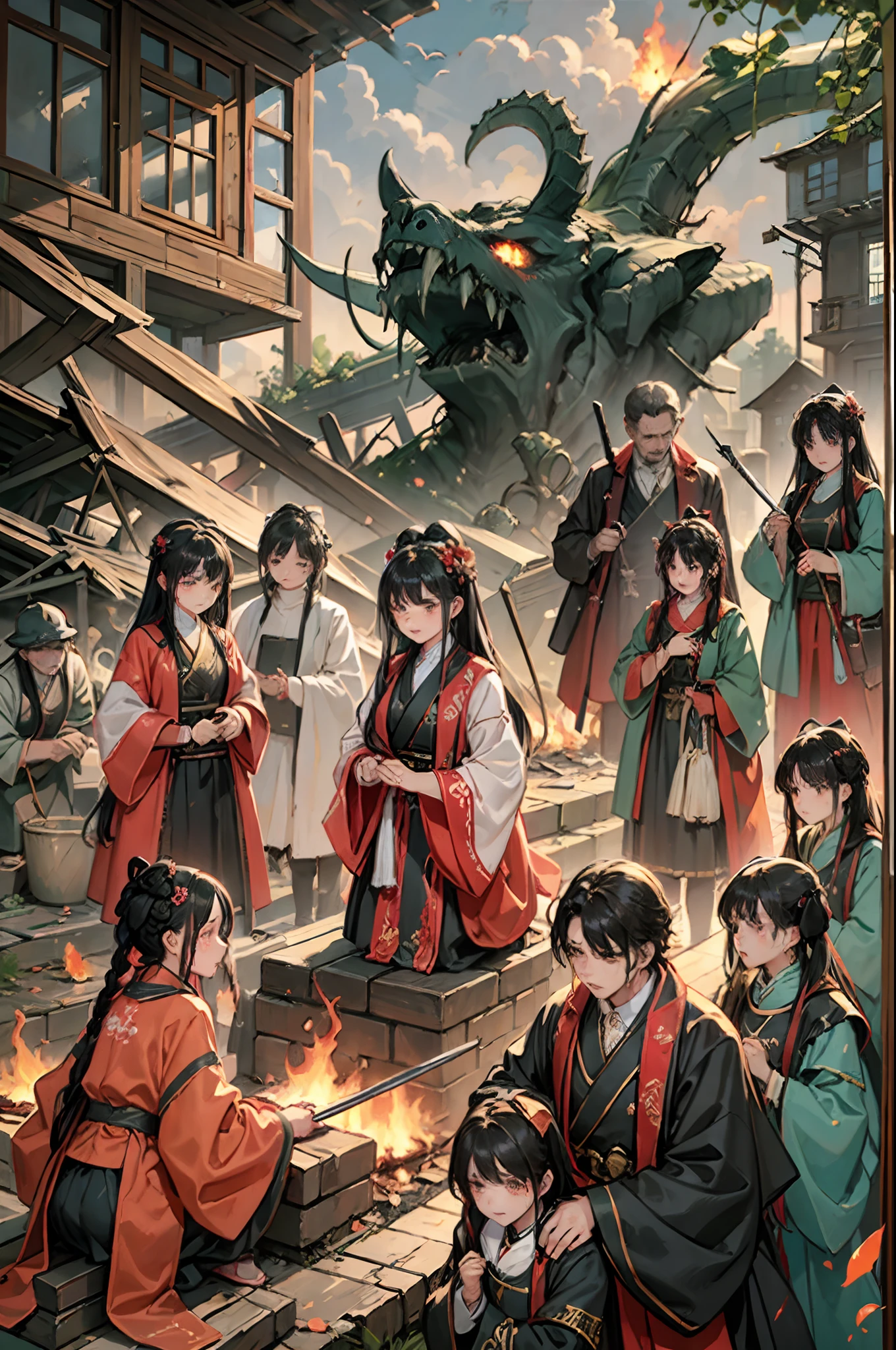 Vicious bandits come to a ruined village,The cute and poor little girl knelt in front of the bandit leader and cried,Hold Mom's body in your arms。high qulity,eventide,Collapsed houses,Burning flame,sword,Ragged clothes,crying girl