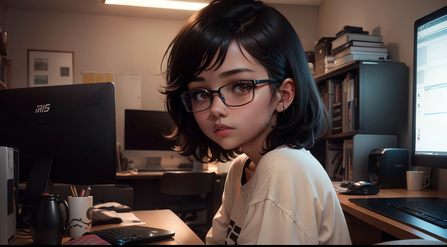 1girl, beautiful girl, wearing eyeglasses, brown skin, small mole on her left cheek, Body Length 150 cm, 20 years old, brown skin girl, .(short black hair, Korean hairstyle) , (black eyes), realistic eyes, beautiful and big eyes), masculine clothing, Boys clothes, Wearing sneakers, Small breasts, ((Girl sitting at her computer in her room)), ((programmer girl programming her computer)), (8k wallpaper), (The bedroom has a computer, Semi-dark room, with colorful lighting,neon lights wallpaper) 8k, high quilty, realistic, beautiful realistic, Cool details, raw photo, realistic clothing, short hair, black hair, realistic hair, Light and cool lighting, photo realistic, Cel shaded, Gel lighting, ultra details, computer realistic, dark room, looking at viewer