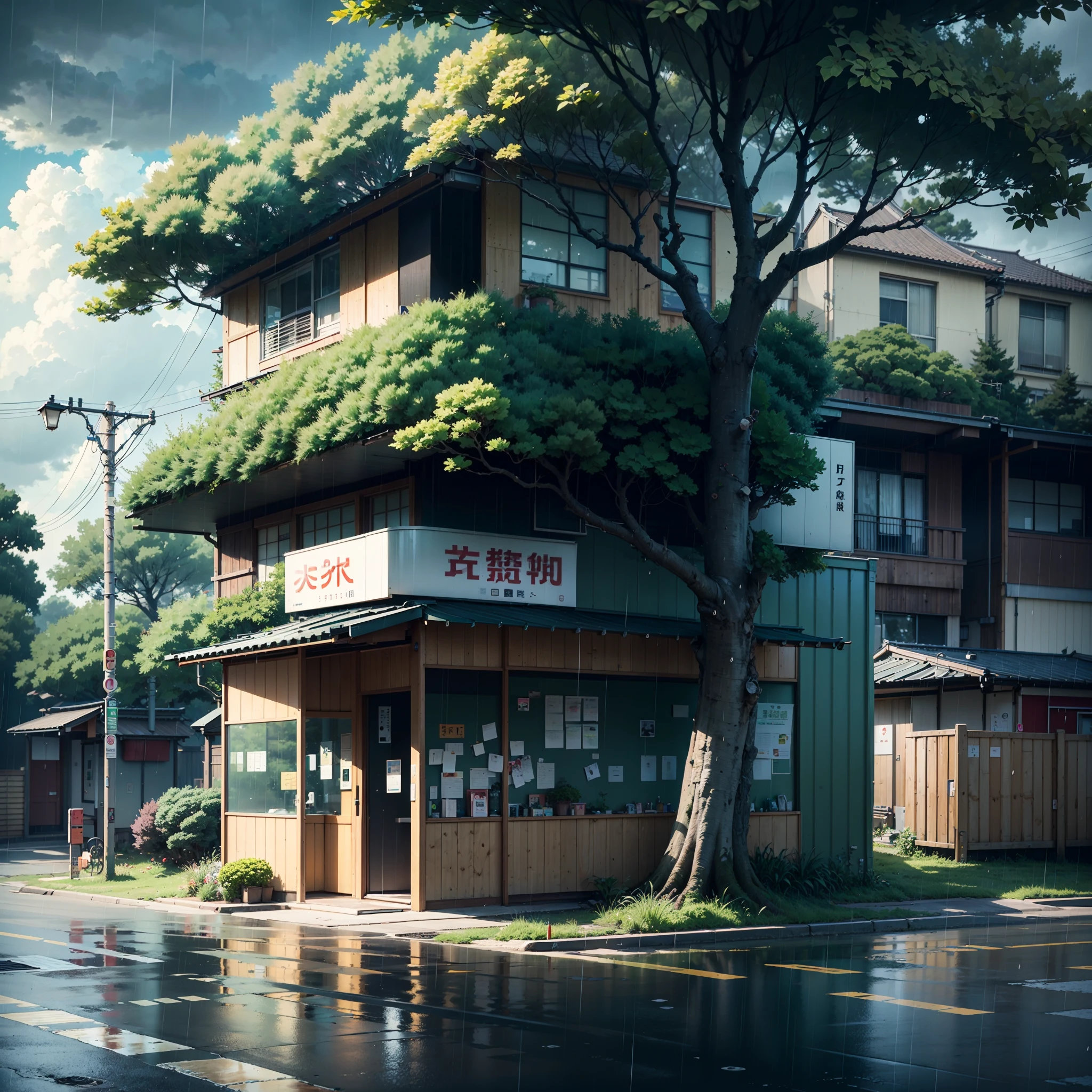 raining, gloomy weather. Japanese bus stop, surrounded by trees and vegetation on one side of the street and modern japanese buildings on the other side. Best quality. No one in sight. Anime. Anime style. lofi. dramatic weather. wide view, wide angle. Next to street. Modern village