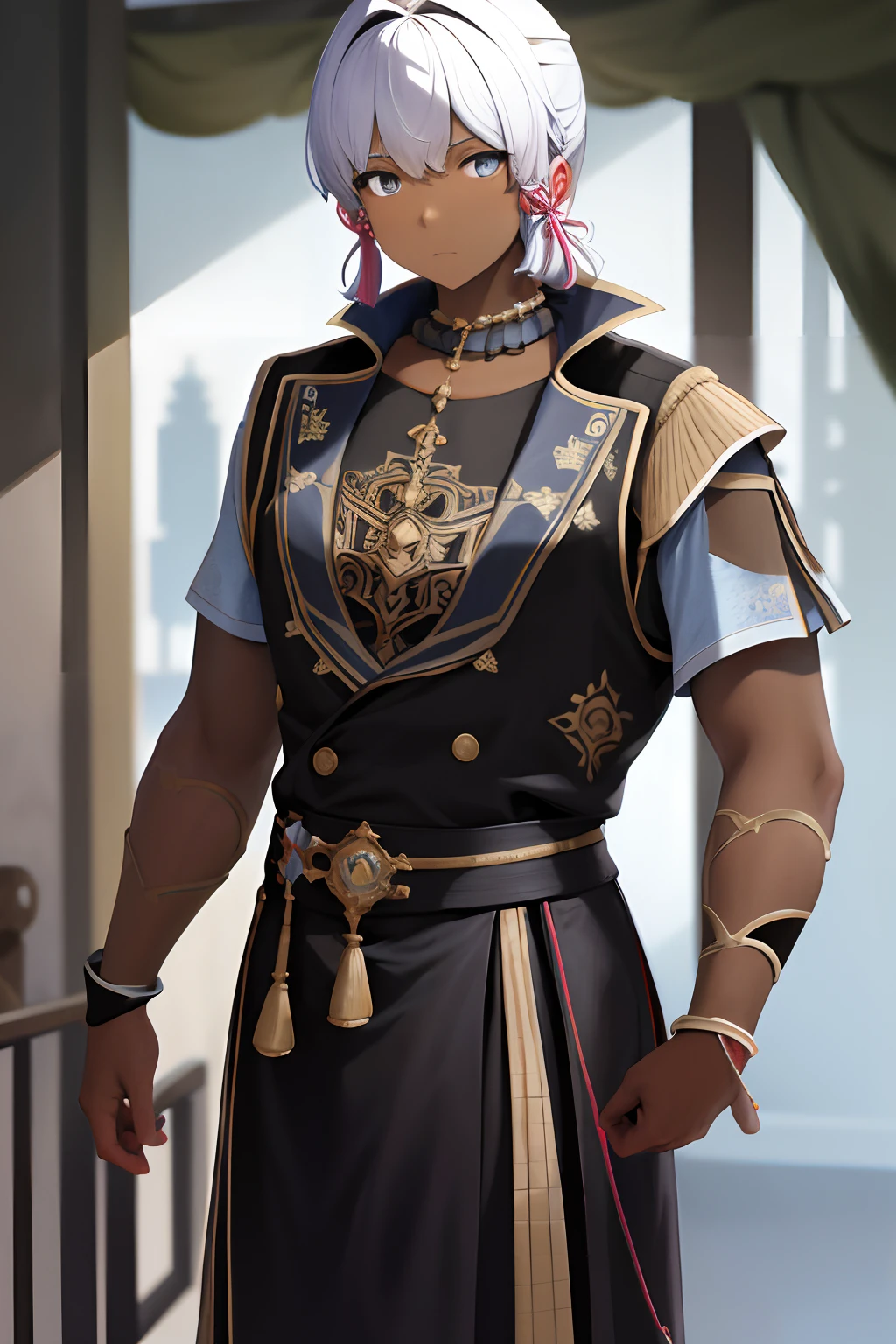 masterpiece, highres, best quality, 1 guy standing alone, dark skinned, large body, slightly square face