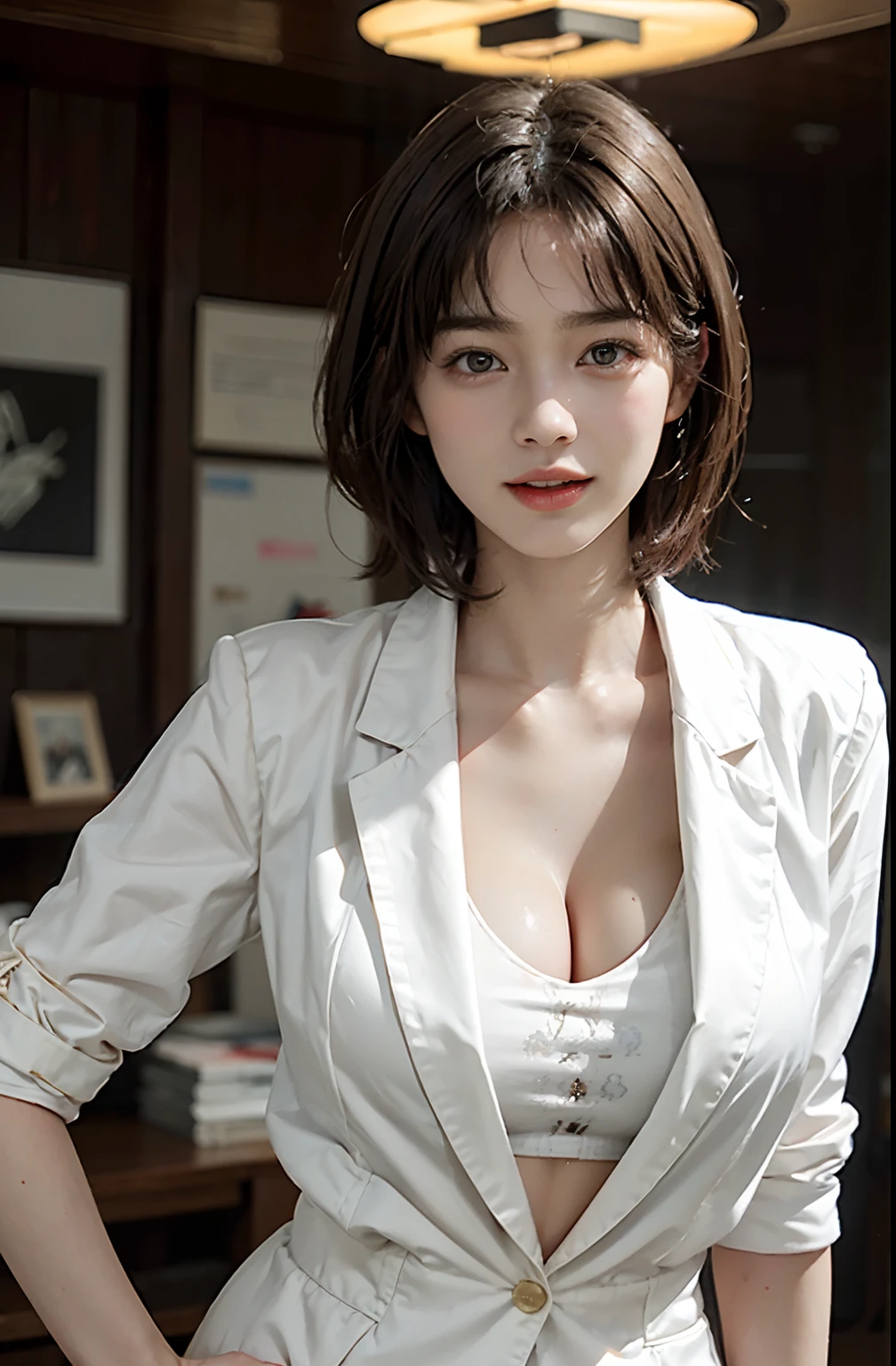 (nsfw:1.5)、((Highest quality, 8k, masterpiece :1.3)), Sharp focus :1.2, Beautiful woman with perfect figure :1.4, Thin abdominal muscles :1.2, ((Layered Haircut, Big Breasts :1.2)), (A blazer over a very thin white button-up shirt :1.1), City Street:1.2, Highly detailed face and skin texture, Beautiful Eyes, double eyelid、whole body、short hair、A cute -yeld giwho is half Thai and half Japanese...、Sunburned skin
