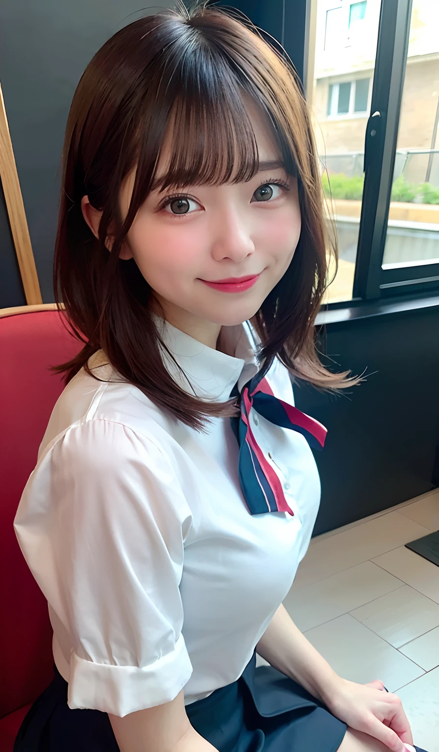 (8K、Raw photography、top-quality、masterpiece:1.2)、(realisitic、Photorealsitic:1.37)、ultra-detailliert、
1 girl in、cute little、独奏、Beautiful detailed sky、Detailed Cafe、natta、sitting on、date、(blush of the nose)、(A smile:1.1)、(Mouth closed)、large full breasts、seducting smile、large aparture、profetional lighting、Sony A7R4、Zessie 50mm f1.8、
medium breasts、Beautiful Detail Eye、(shirt with collar:1.1)、a bow tie、pleatedskirt、(short-hair:1.2)、A dark-haired、Layered Hair Style