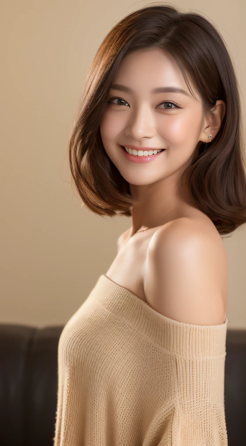 ((morning sunrise view, realistic light, best quality, 8k, masterpiece: 1.3)), 1girl, pretty woman with slim figure smiling cutely: 1.4, (dark brown light amber hair: 1.3), off-the-shoulder cut top: 1.3, sofa, super detailed face, detailed eyes, double eyelids
