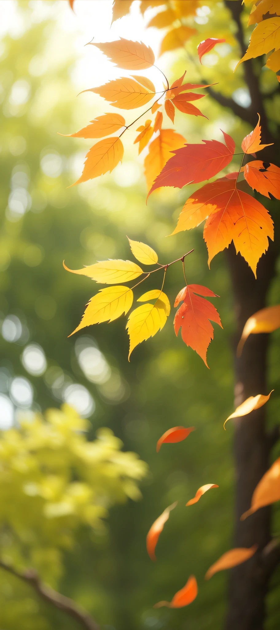 Colored leaves、Up、８K、top-quality、Delicate leaves、Branches in the sun、Hang sunlight on the leaves、Photorealsitic、Natural soft light、Hyper-detail s upwards、Background blur、