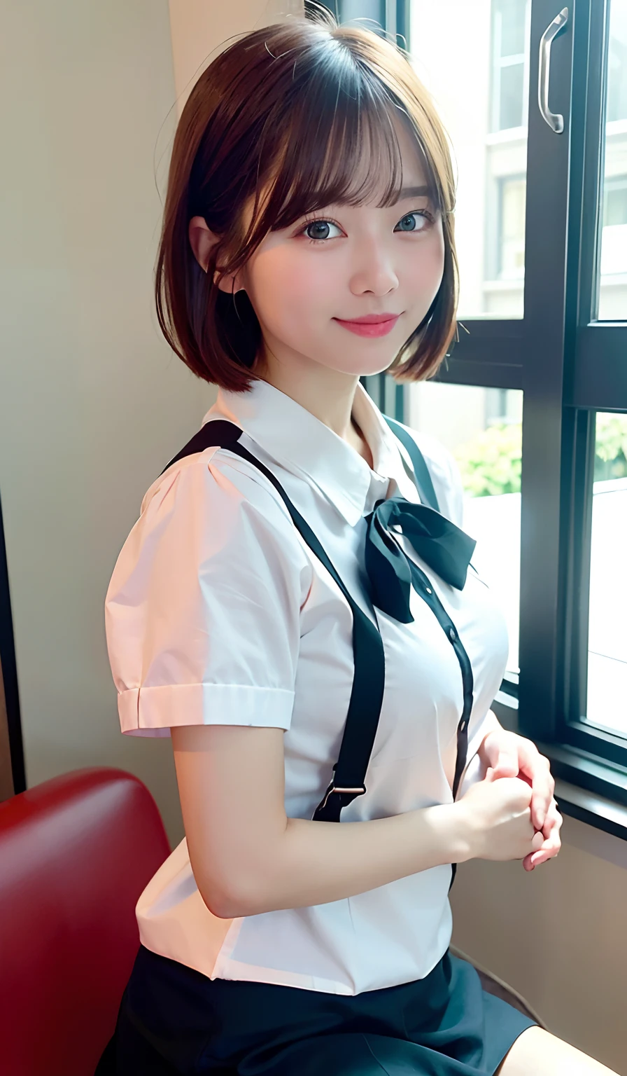 (8K、Raw photography、top-quality、​masterpiece:1.2)、(realisitic、Photorealsitic:1.37)、ultra-detailliert、
1 girl in、cute little、独奏、Beautiful detailed sky、Detailed Cafe、natta、sitting on、date、(blush of the nose)、(A smile:1.1)、(Mouth closed)、large full breasts、seducting smile、large aparture、profetional lighting、Sony A7R4、Zessie 50mm f1.8、
medium breasts⁩、Beautiful Detail Eye、(shirt with collar:1.1)、a bow tie、pleatedskirt、(short-hair:1.2)、A dark-haired、Layered Hair Style