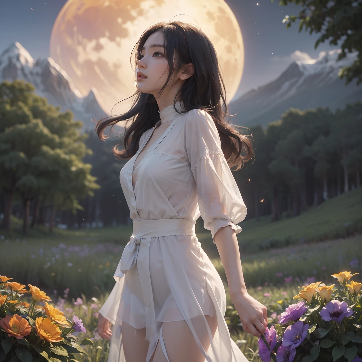 1womanl、write、Vast landscape photos、（View from below with a view of the sky and the wilderness below）、Girl standing in a flower field and looking up、（fullmoon：1.2）、（shooting stars：0.9）、（nebulas：1.3）、mountain in the distance、Tree Break Production Art、(Warm color light source:1.2)、(fireflys:1.2)、abajour、Purple and orange、intricate detailes、Volume Lighting、Realism Break (​masterpiece:1.2)、(top-quality)、4K、Ultra-Details、(The composition of the movement:1.4)、Very detailed and colorful details、(Iridescent colors:1.2)、(Glowing lighting、Atmospheric lighting)、dream-like、Magical、(独奏:1.2)