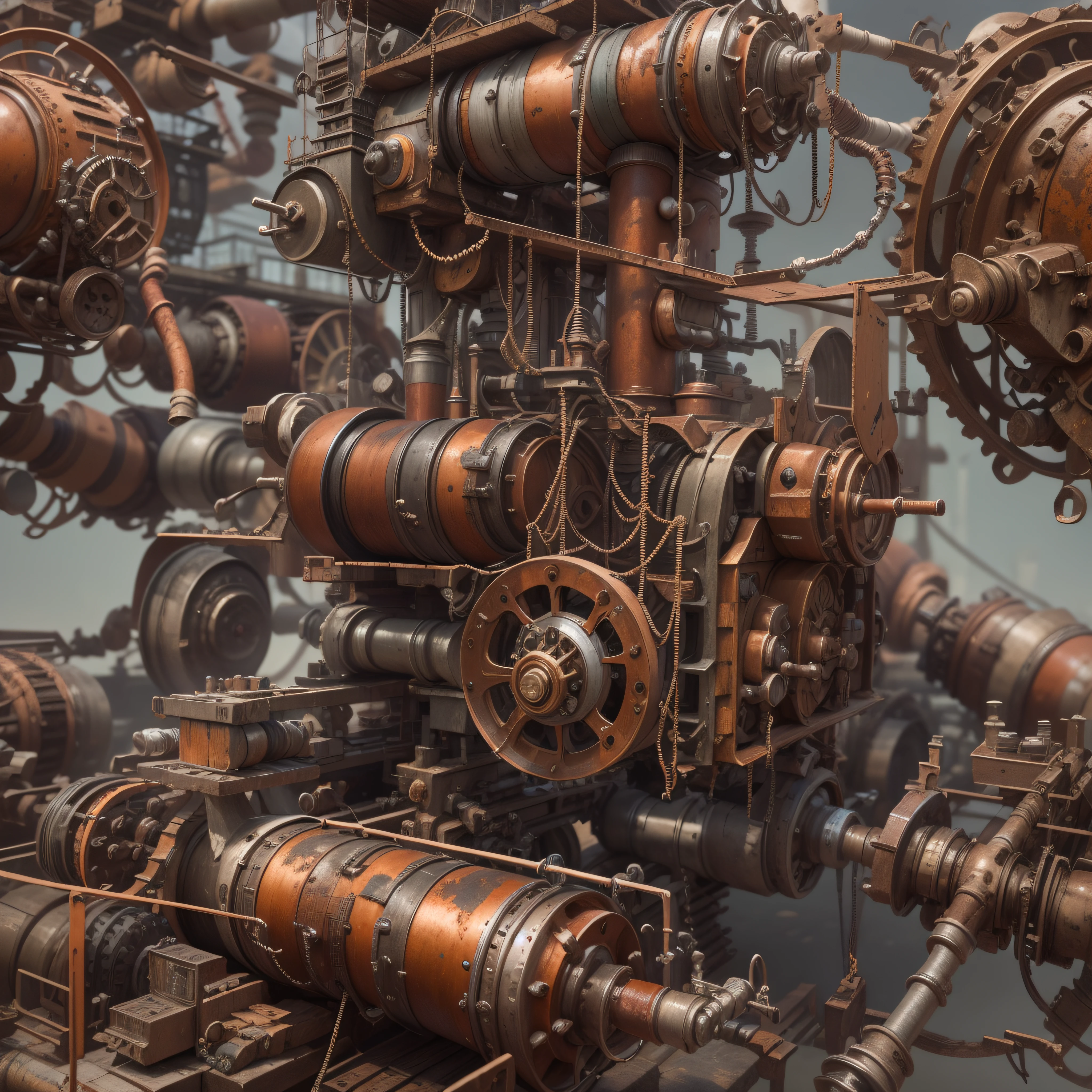 a singular object comprised of contorted feathers machinery pipes rusted components is floating in the air, steel strings weave into each other, extra detail contorted feathers machinery pipes rusted components is floating in the air, hyper realistic render, 3d rendered steampunk,