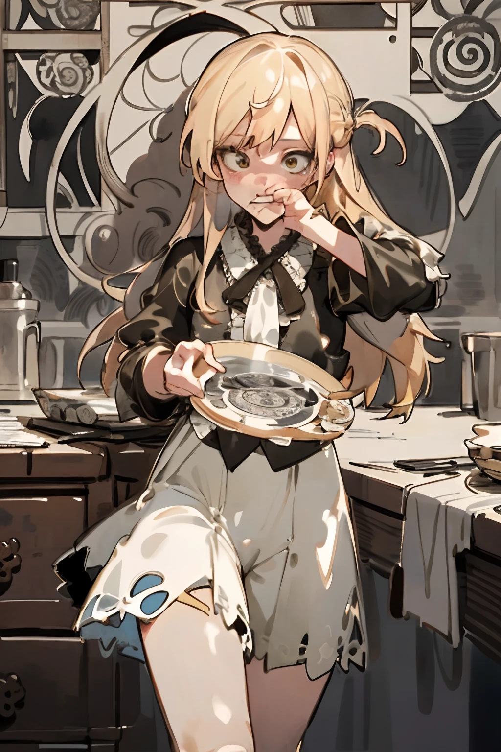 Girl with blonde hair and freckles,Girl eating in tavern,Looking at the camera,1girl in,Blonde hair,Side tail,offcial art,Unity 8k壁纸,ultra-detailliert,Beautiful and aesthetic,masutepiece,top-quality,(Zentangle,mandalas,Tangle,Entangle),dynamic ungle,cowboyshot,Timost Beautiful Chaos Formo,Elegant,Abralist Design,vivd colour,romanticism,watercolor paiting,Wearing leather armor,Dressing