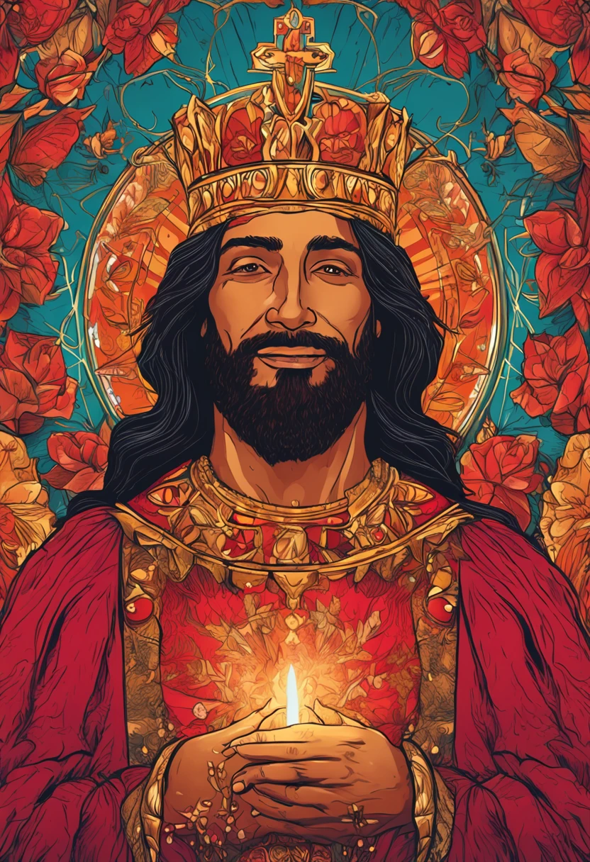 Master Jesus Sananda, Prince of Peace, a light in the chest, long hair, beard, man, smile, with a red and gold cape, a crown of flowers, galactic, being of great magnitude, a beautiful smile