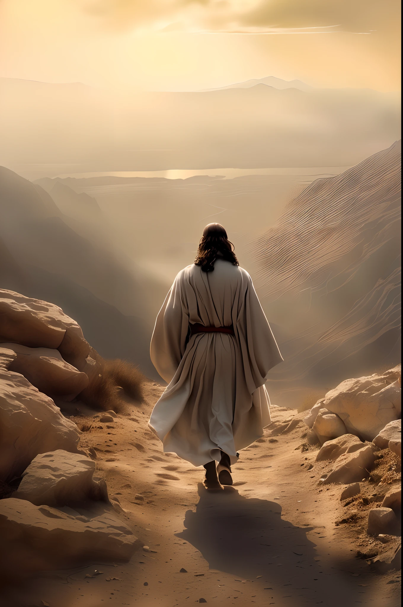 Epic Biblical depiction of Jesus Christ walking down a dirt road into a valley, masterpiece, best quality, He stands all alone, 8K, (dynamic pose: 1.4), good anatomy, good composition, good proportions, good design, good pose, Realistic Sky, Realistic Backgrounds, (Cinematic), (Highest Quality, Award Winning, Masterpiece: 1.3), (Art by Arthur Rackham: 0.5), (((Natural Colors)))), (Photorealistic: 1.4)