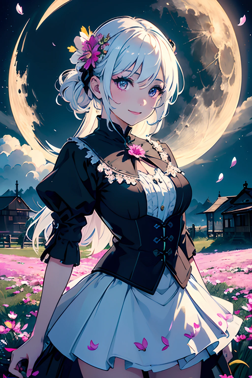 masterpiece, best quality,
1girl, (colorful),(finely detailed beautiful eyes and detailed face),cinematic lighting,bust shot,extremely detailed CG unity 8k wallpaper,white hair,solo,smile,intricate skirt,((flying petal)),(Flowery meadow)
sky, cloudy_sky, building, moonlight, moon, night, (dark theme:1.3), light, fantasy,