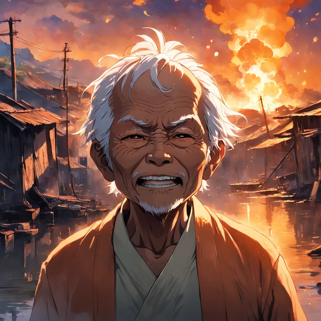 obra-prima, melhor qualidade, filme ainda, (((A close-up of a Vietnamese old man's face, illuminated by the light of a fire, with a backdrop of a dirty river and a shanty town.)), garota nuvem, floating into the sky, longe do quarto, brilhante, Feliz, Soft lighting and Warm, sun sunset, (Sparks: 0,7)