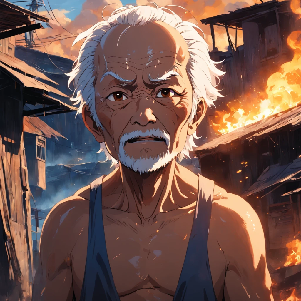 obra-prima, melhor qualidade, filme ainda, (((A close-up of a Vietnamese old man's face, illuminated by the light of a fire, with a backdrop of a dirty river and a shanty town.)), garota nuvem, floating into the sky, longe do quarto, brilhante, Feliz, Soft lighting and Warm, sun sunset, (Sparks: 0,7)