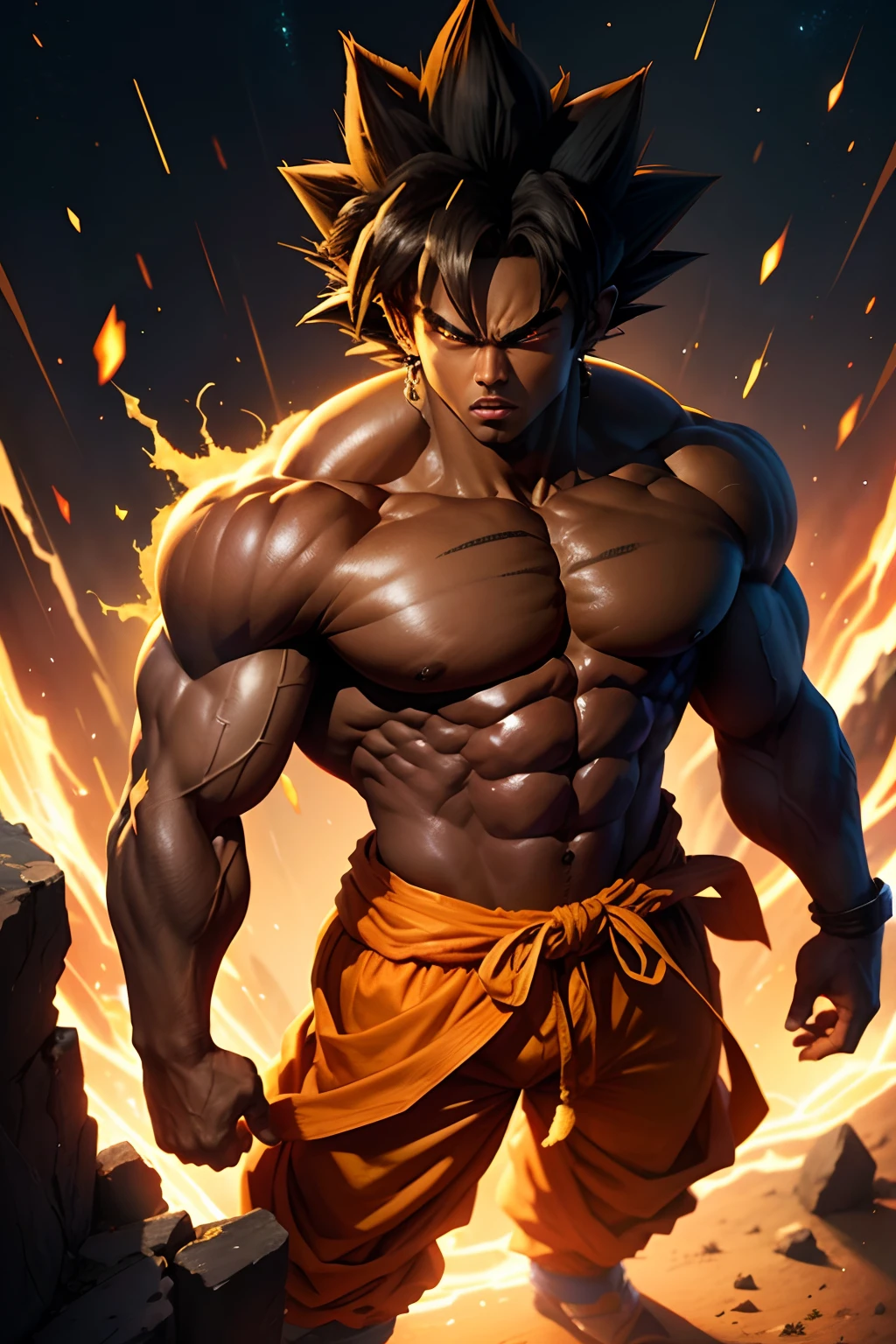8k portrait of son goku muscular, intricate, elegant, highly detailed, majestic, digital photography, art by artgerm and ruan jia and greg rutkowski, black hair, hairless face, broken glass (masterpiece, side lighting, beautiful finely detailed eyes: 1.2), hdr,