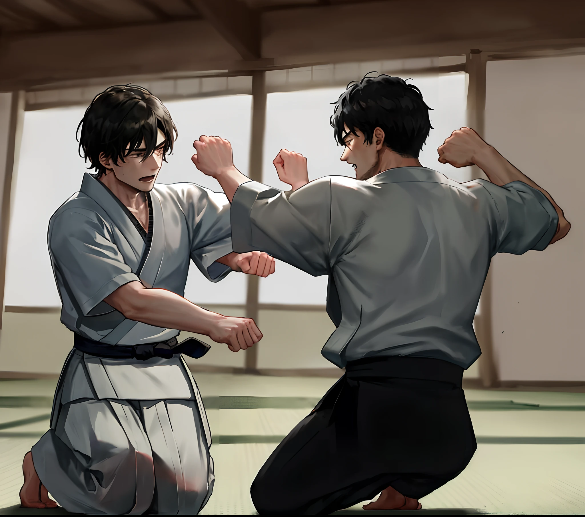 2 aikido men fighting dojo