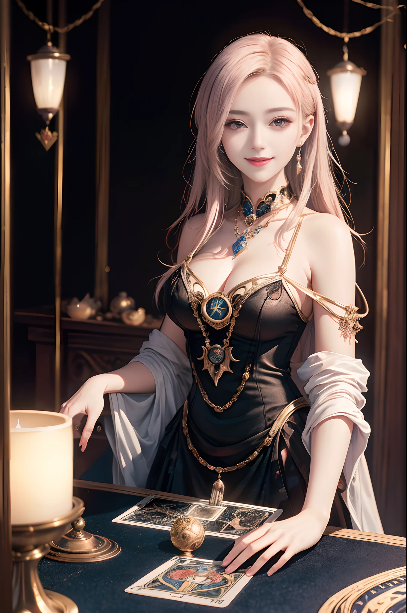 (masutepiece, High resolution, Photorealistic: 1.4),1beautiful woman ,(Mysterious and magical attractive tarot reader woman, Smiling, In a beautiful room full of tarot-themed objects:1.3). She is looking at the tarot cards on the table. (Sony Alpha a7R IV Camera、Professionally accustomed to capturing this enchanting moment: 1.2), (Combination with the versatile Sony FE 24-70mm f/2.8 GM Lenses, Make sure all details are beautifully captured: 1.2) Magical (Breathtaking photos of enchanting beauty showing her stunning beauty: 1.2), Intricately detailed bio incandescent light background