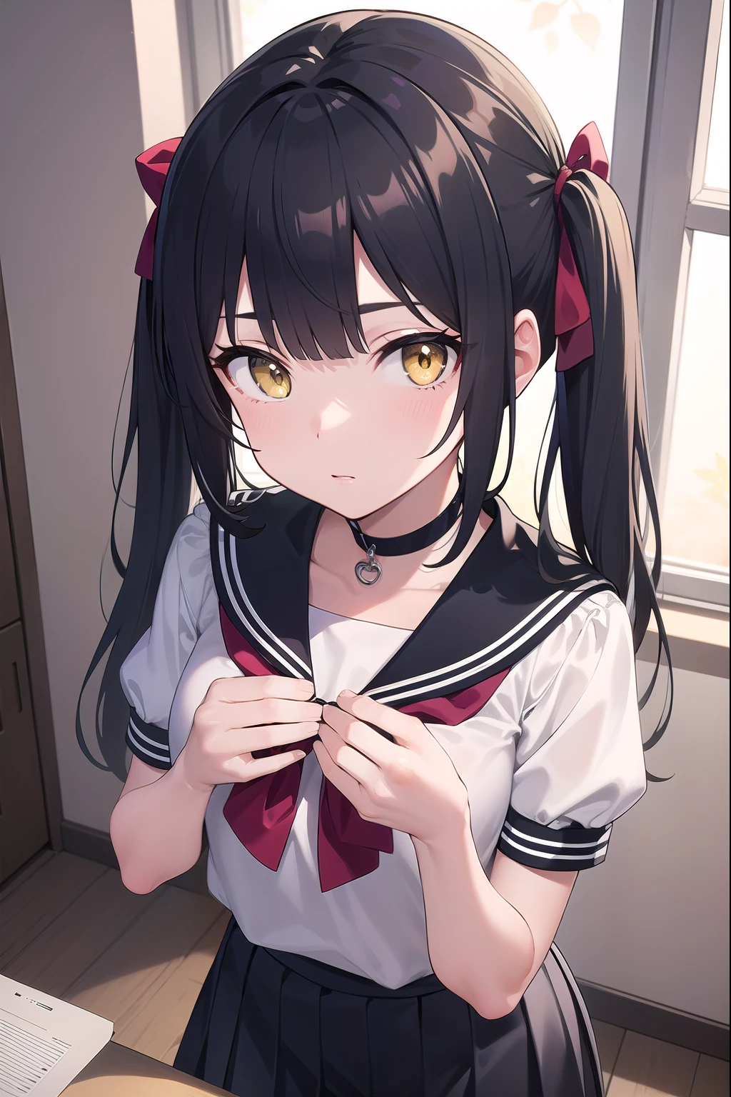 japanese girl, cute, elementary school student, black hair, twin tails, naked, blush, tits