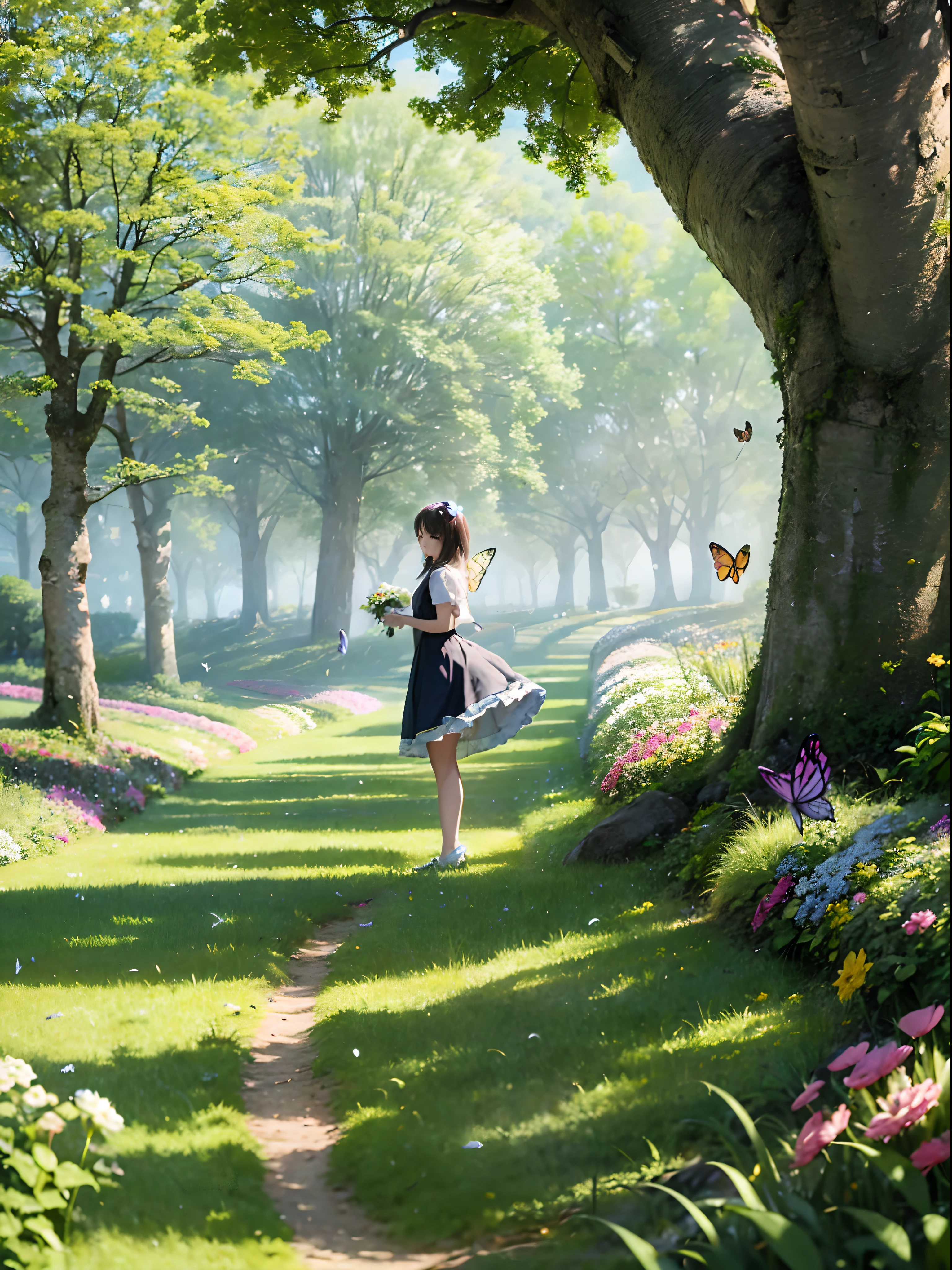 Enjoy a beautiful summer walk in the park、Enjoy gorgeous flowers and natural scenery。Illustrations in high resolution in 4K resolution、Features highly detailed facial features and cartoon-style visuals(Butterfly Dance)