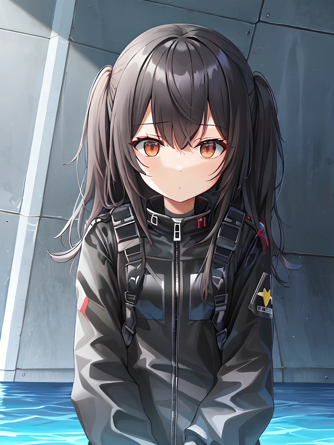 Black stormsuit girl,The zipper of the garment is open,Standing on the sea,Face the sun