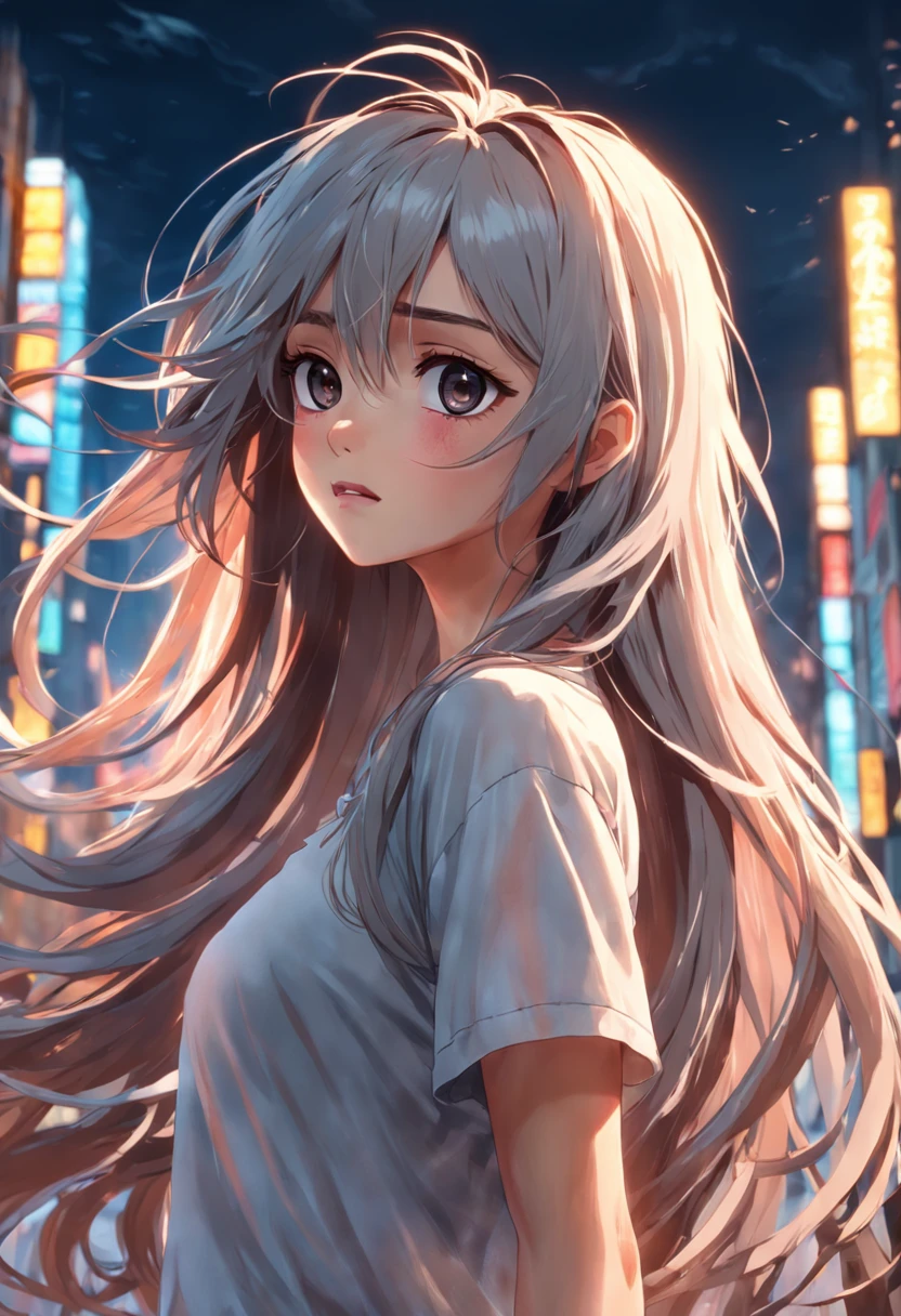 "Uma mulher confiante e estilosa, usando uma minissaia justa e uma blusa branca com um toque de decote, her long messy hair adding to her fascination. The scene is rendered in stunning 8k resolution with photorealistic detail and smooth shading, criando uma verdadeira obra-prima."